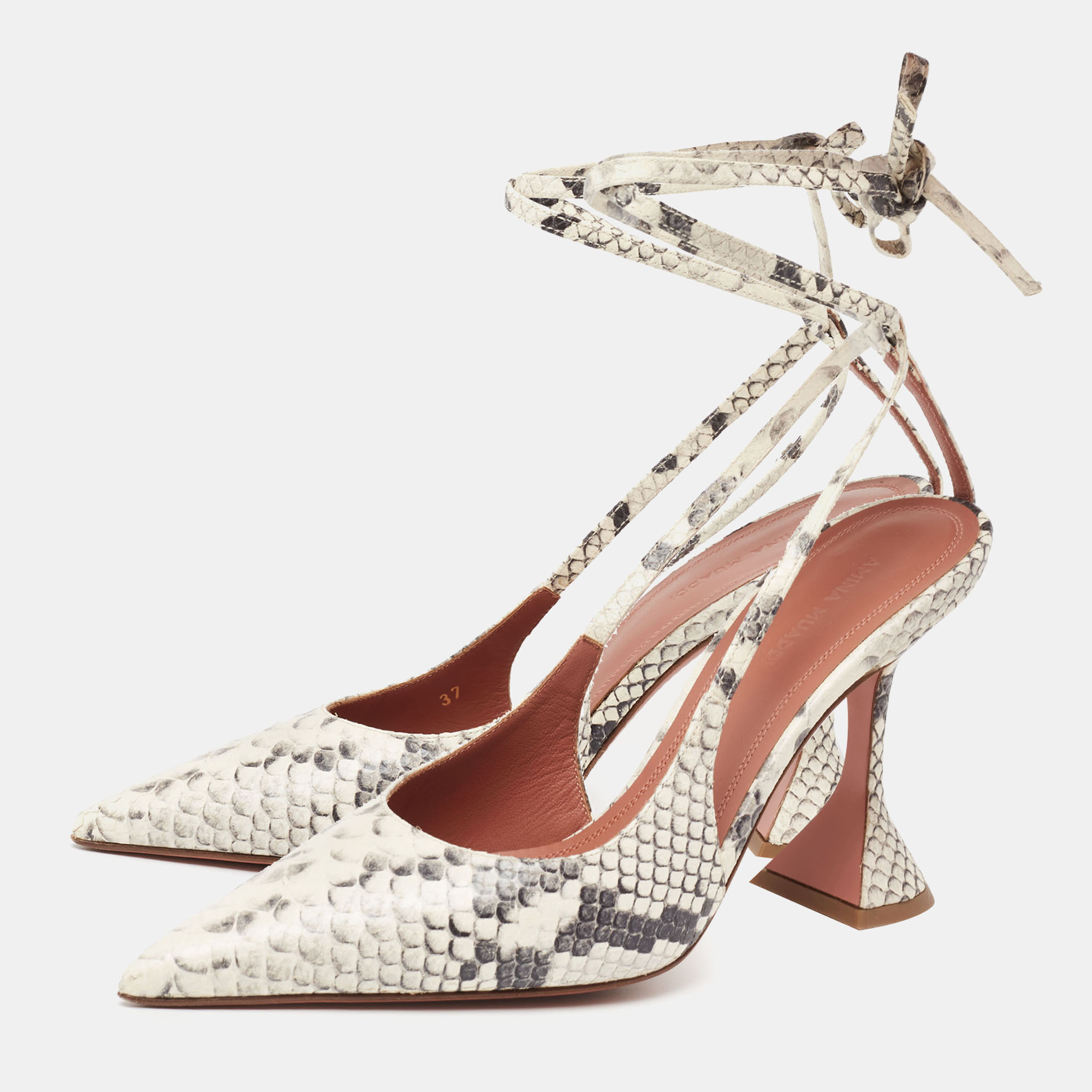

Amina Muaddi White/Black Python Embossed Leather Slingback Ankle-Tie Pointed-Toe Pumps Size