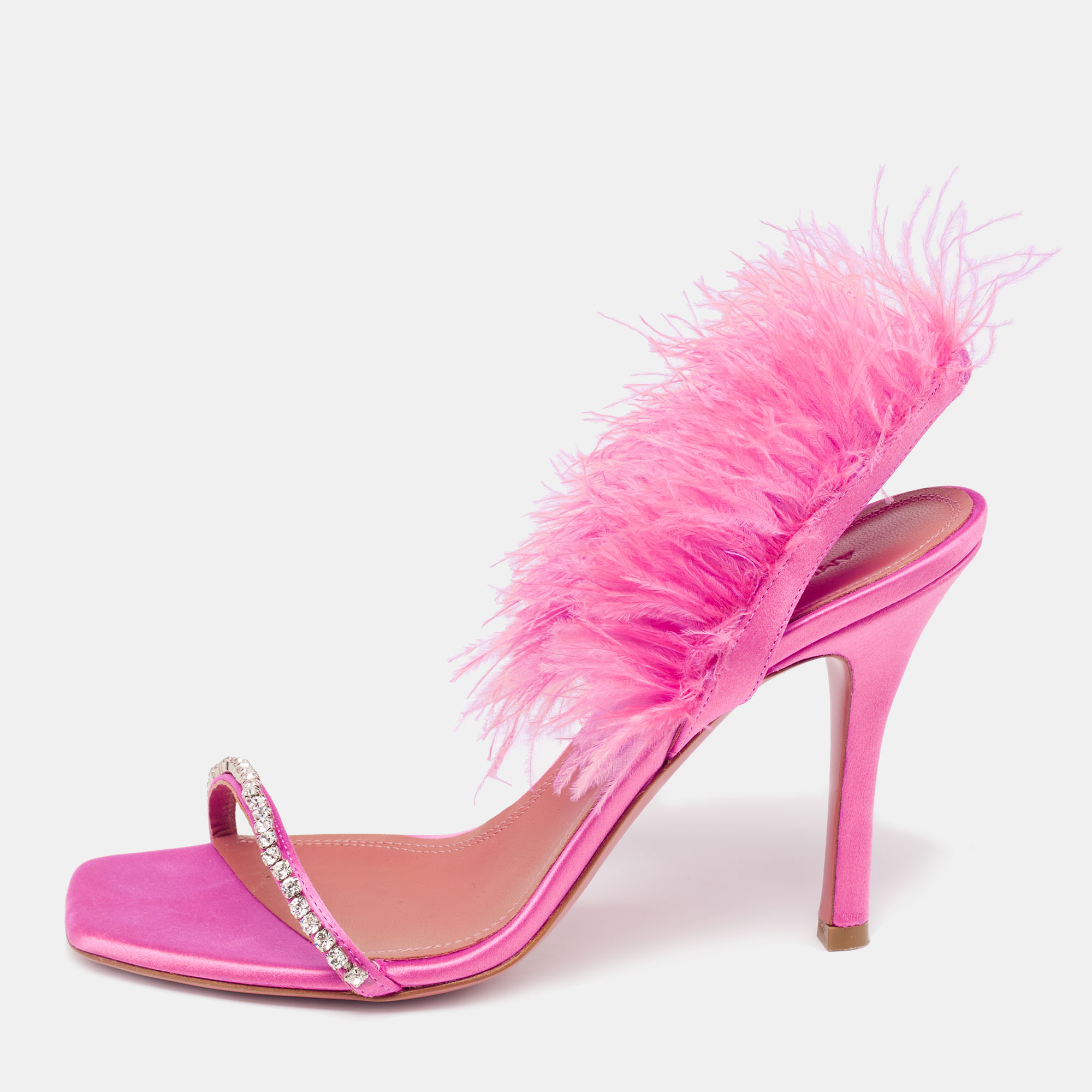 Pre-owned Amina Muaddi Pink Satin And Fur Crystal Embellished Sandals ...