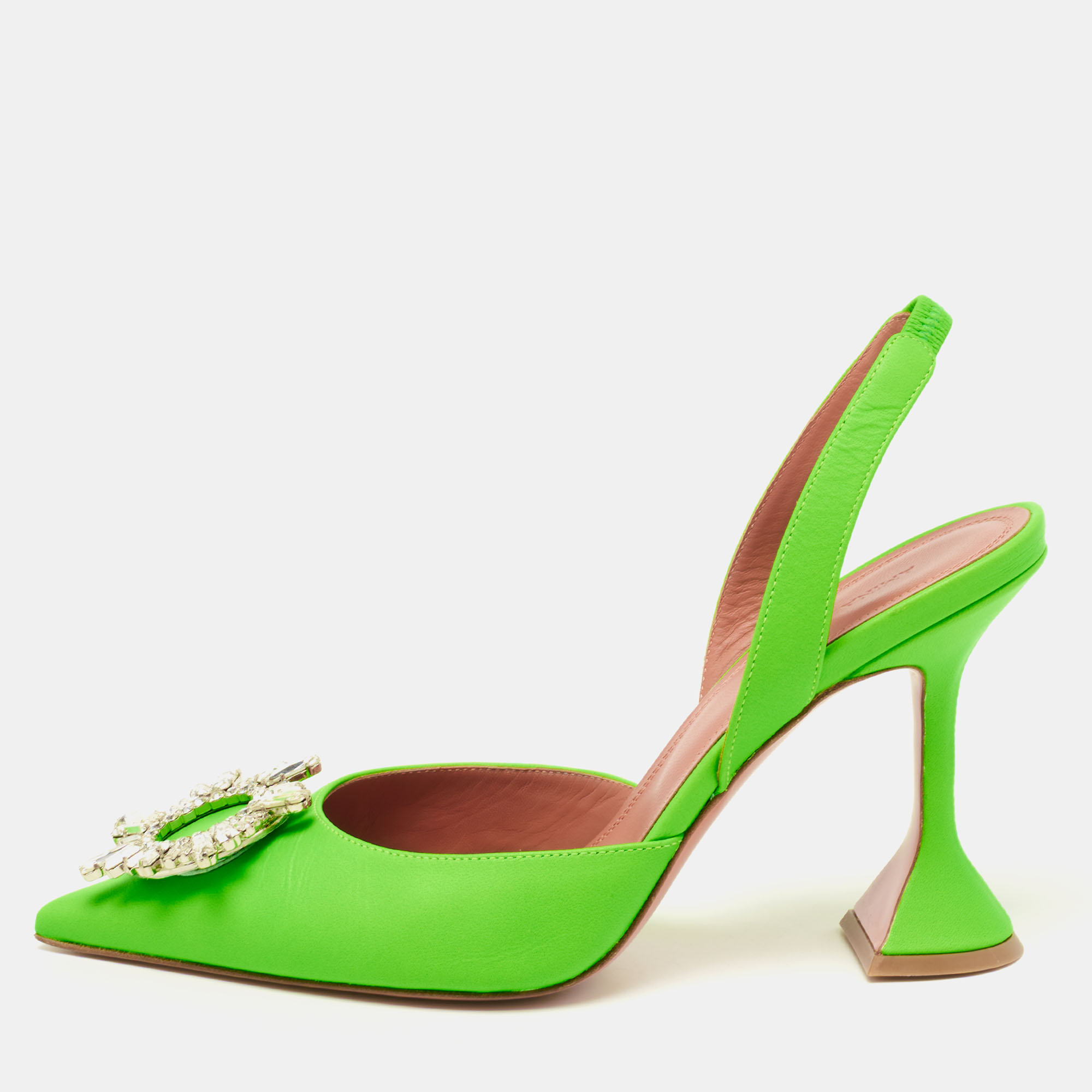 Pre Owned Amina Muaddi Neon Green Leather Begum Crystal Embellished Slingback Sandals Size 38.5