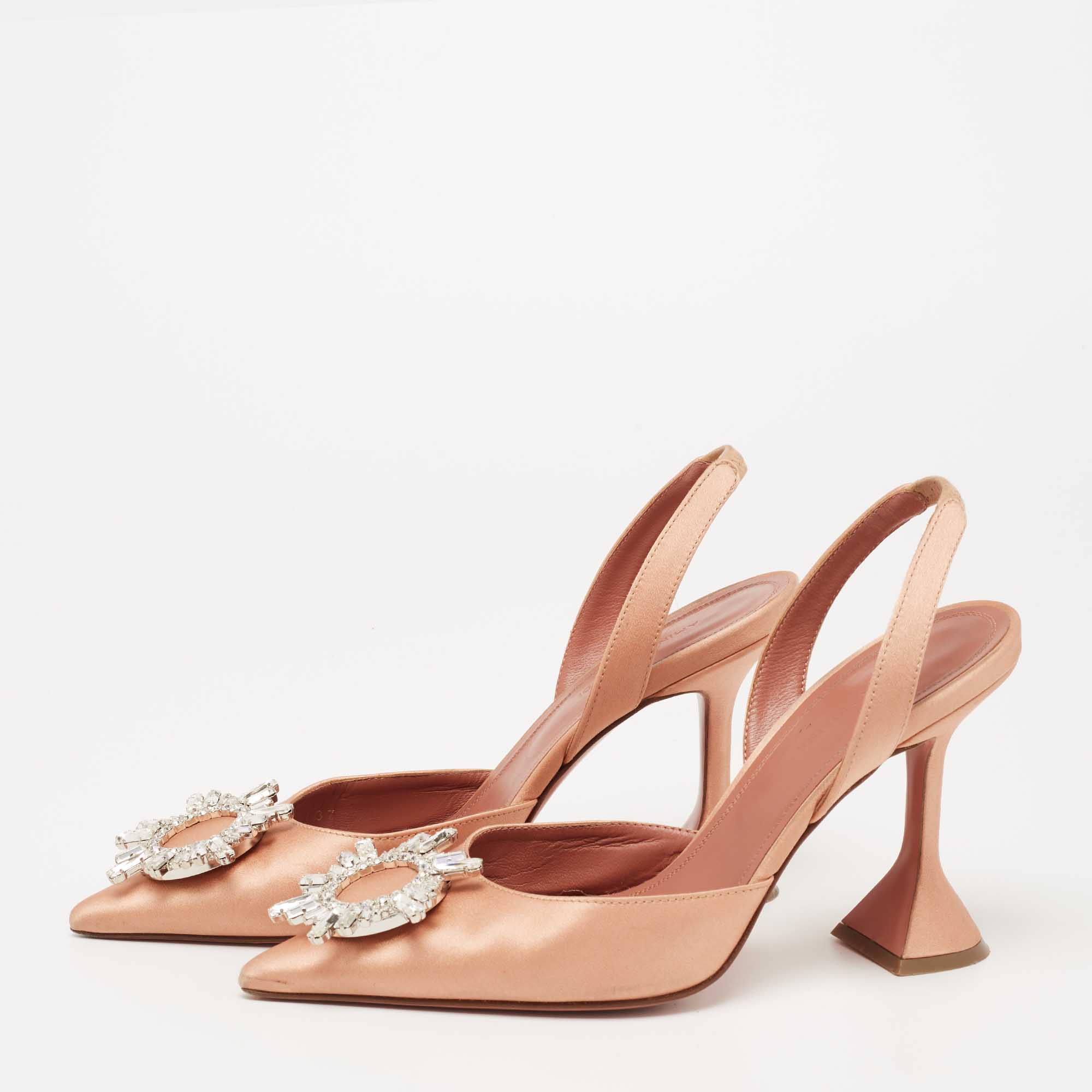 

Amina Muaddi Peach Satin Begum Crystal Slingback Pumps Size, Beige