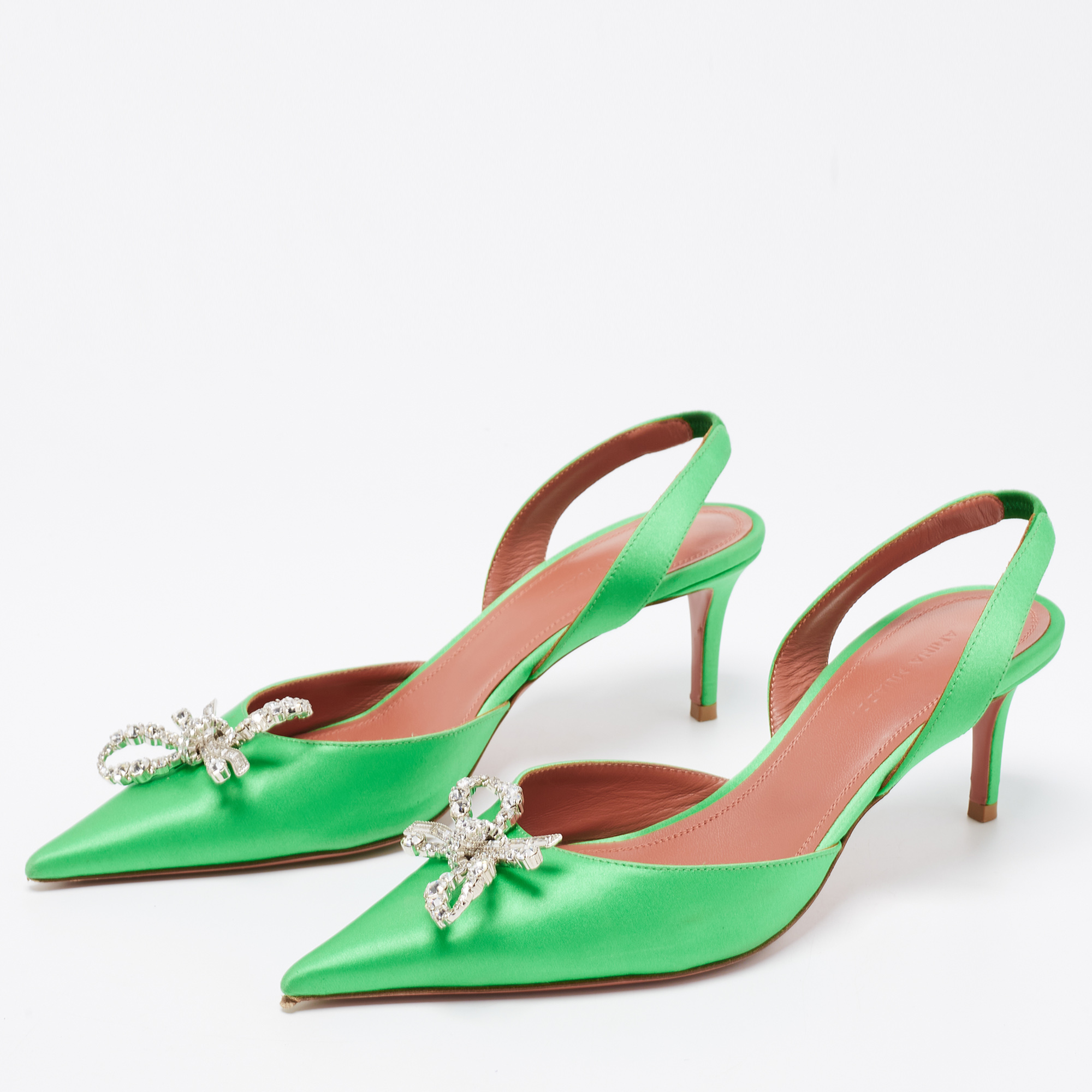 Amina Muaddi Green Satin Rosie Slingback Sandals Size 38  - buy with discount