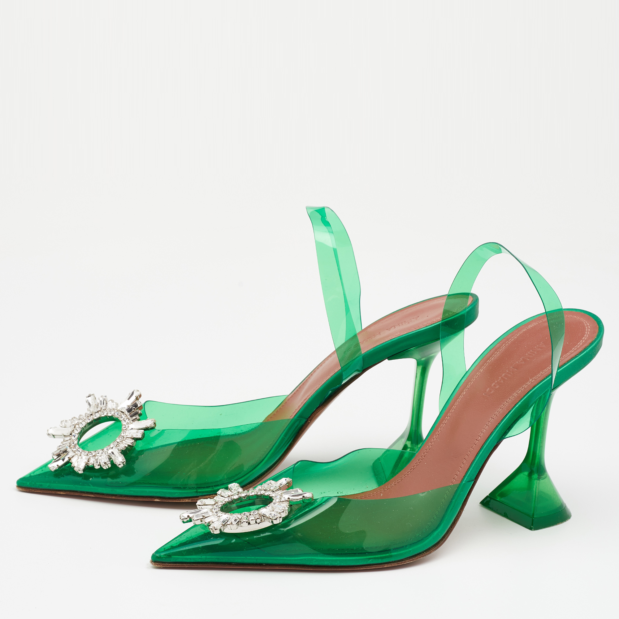 

Amina Muaddi Green PVC Begum Crystal Embellished Slingback Sandals