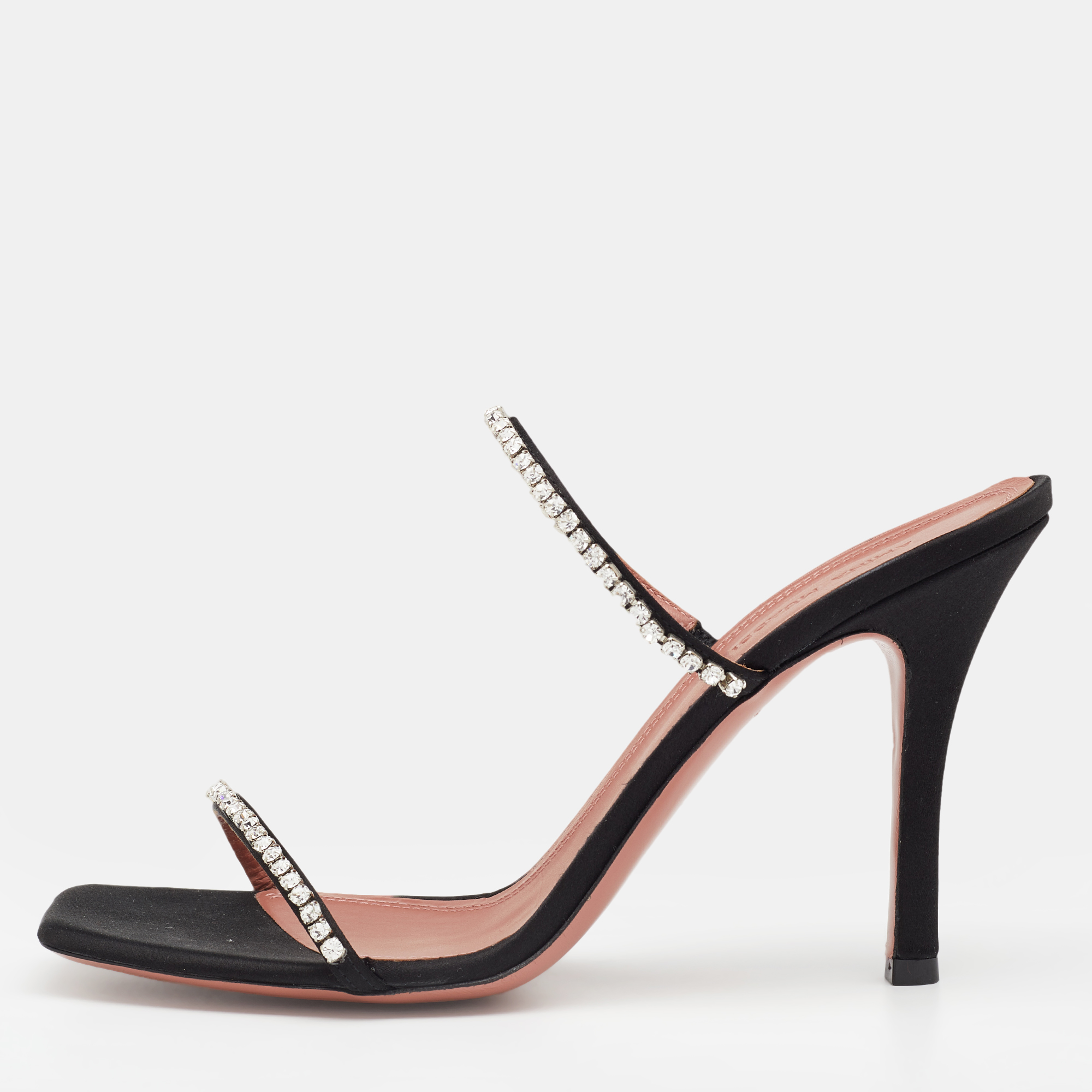 Pre Owned Amina Muaddi Black Satin Crystal Embellished Gilda Slide Sandals Size 40