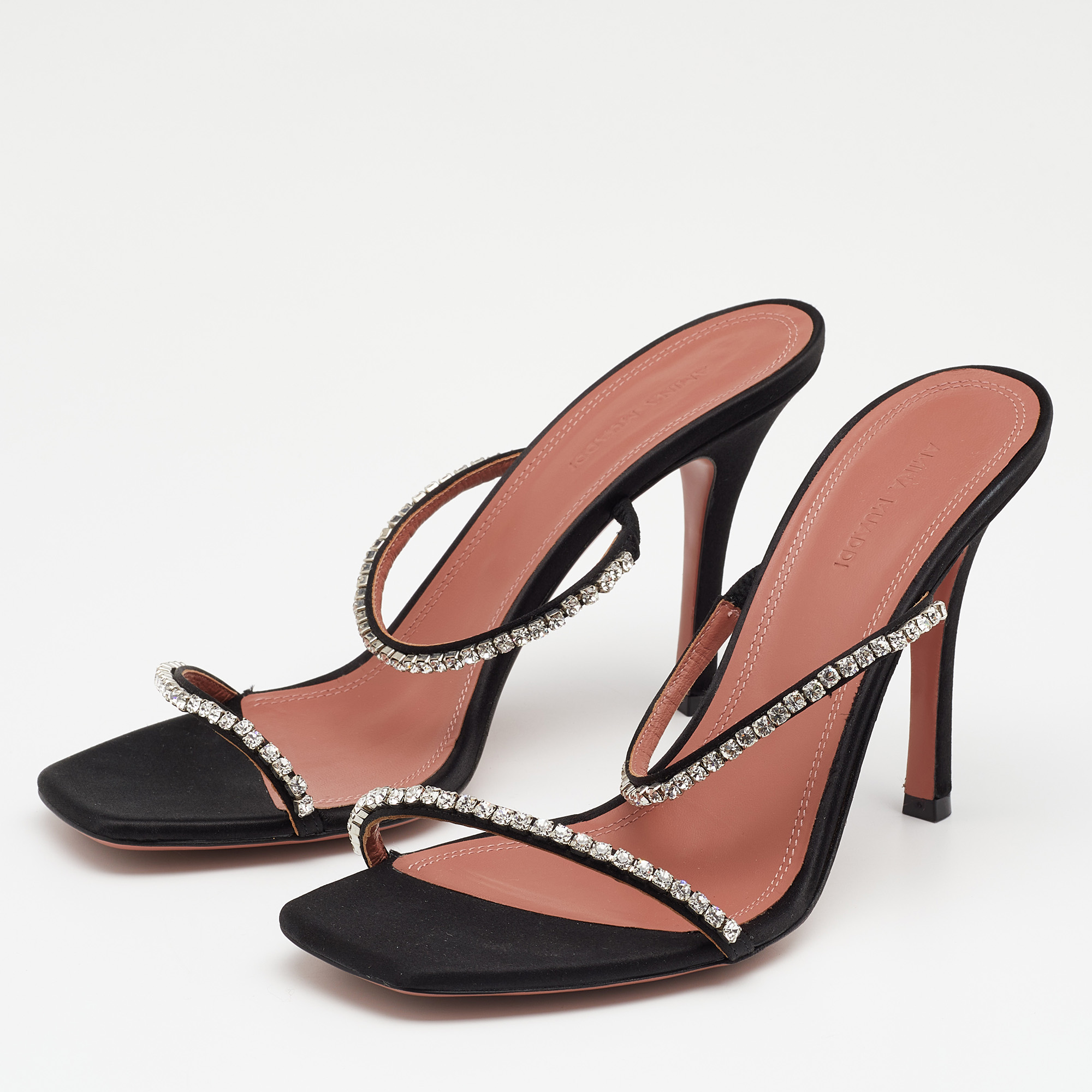 

Amina Muaddi Black Satin Crystal Embellished Glida Slide Sandals Size