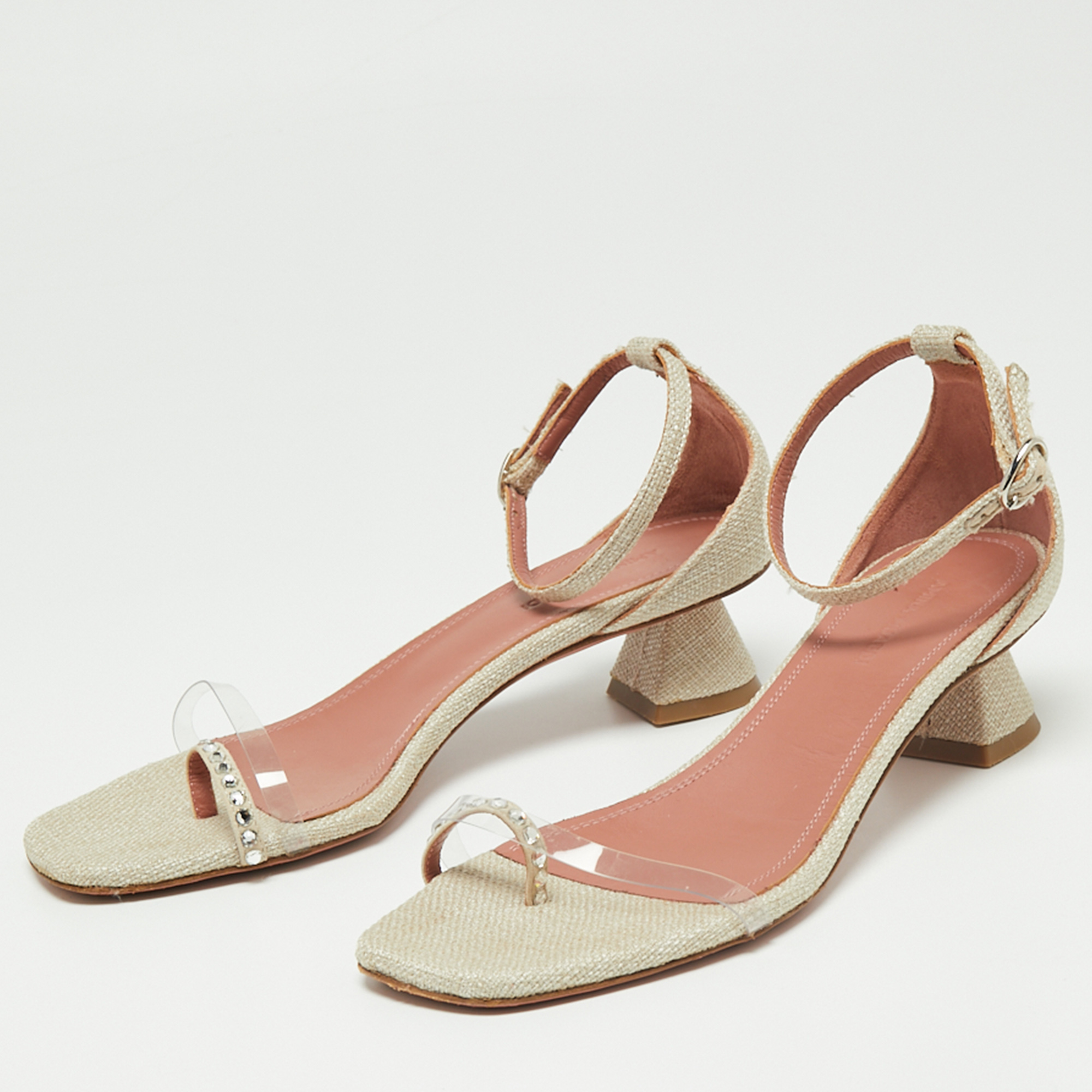 Amina Muaddi Beige Canvas, PVC and Crystal Embellished Suede Oya Ankle Strap Sandals Size 37  - buy with discount