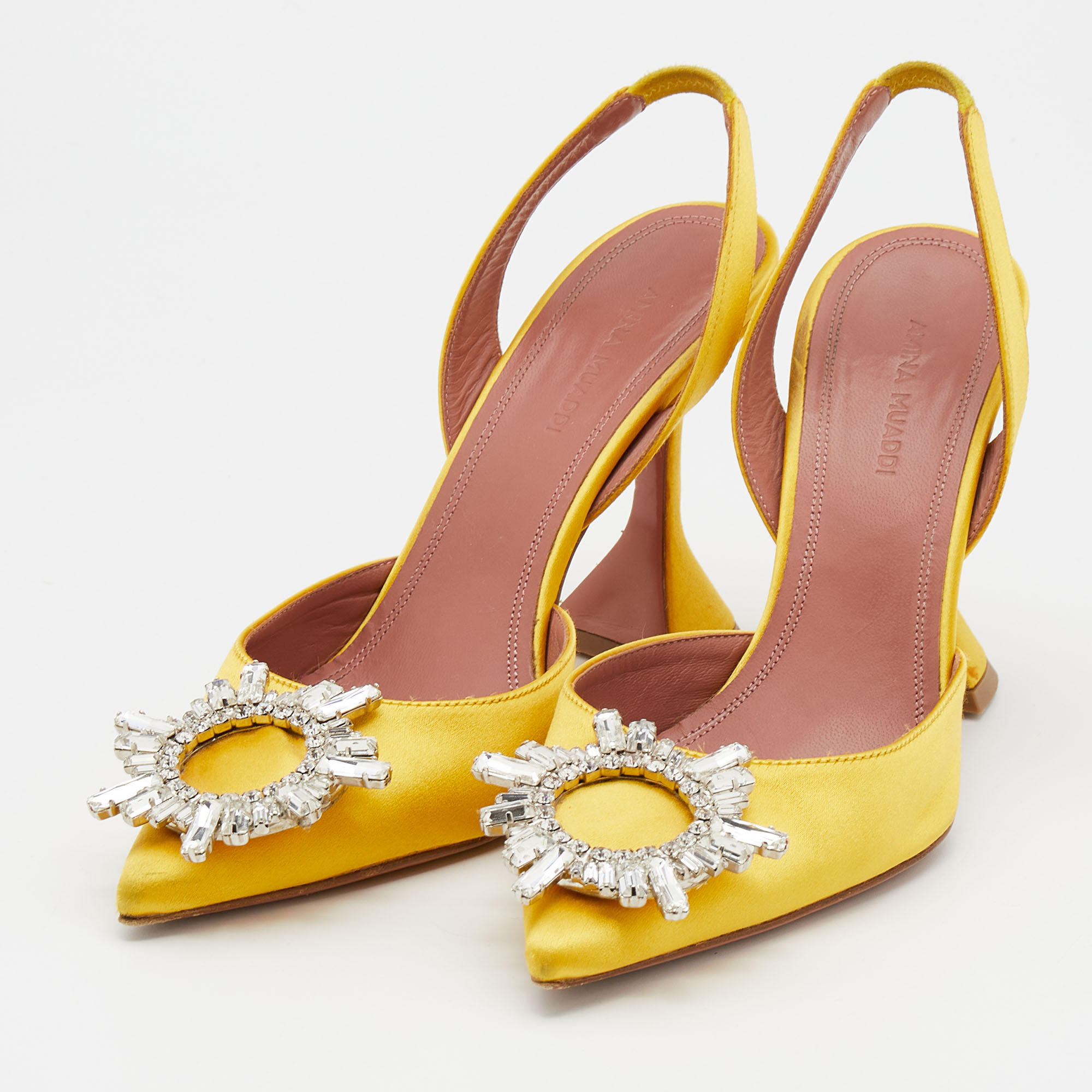 

Amina Muaddi Yellow Satin Begum Crystal Embellished Slingback Pumps Size