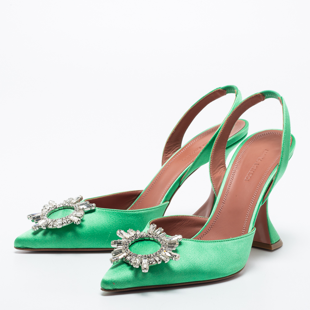 

Amina Muaddi Green Satin Begum Slingback Pumps Size