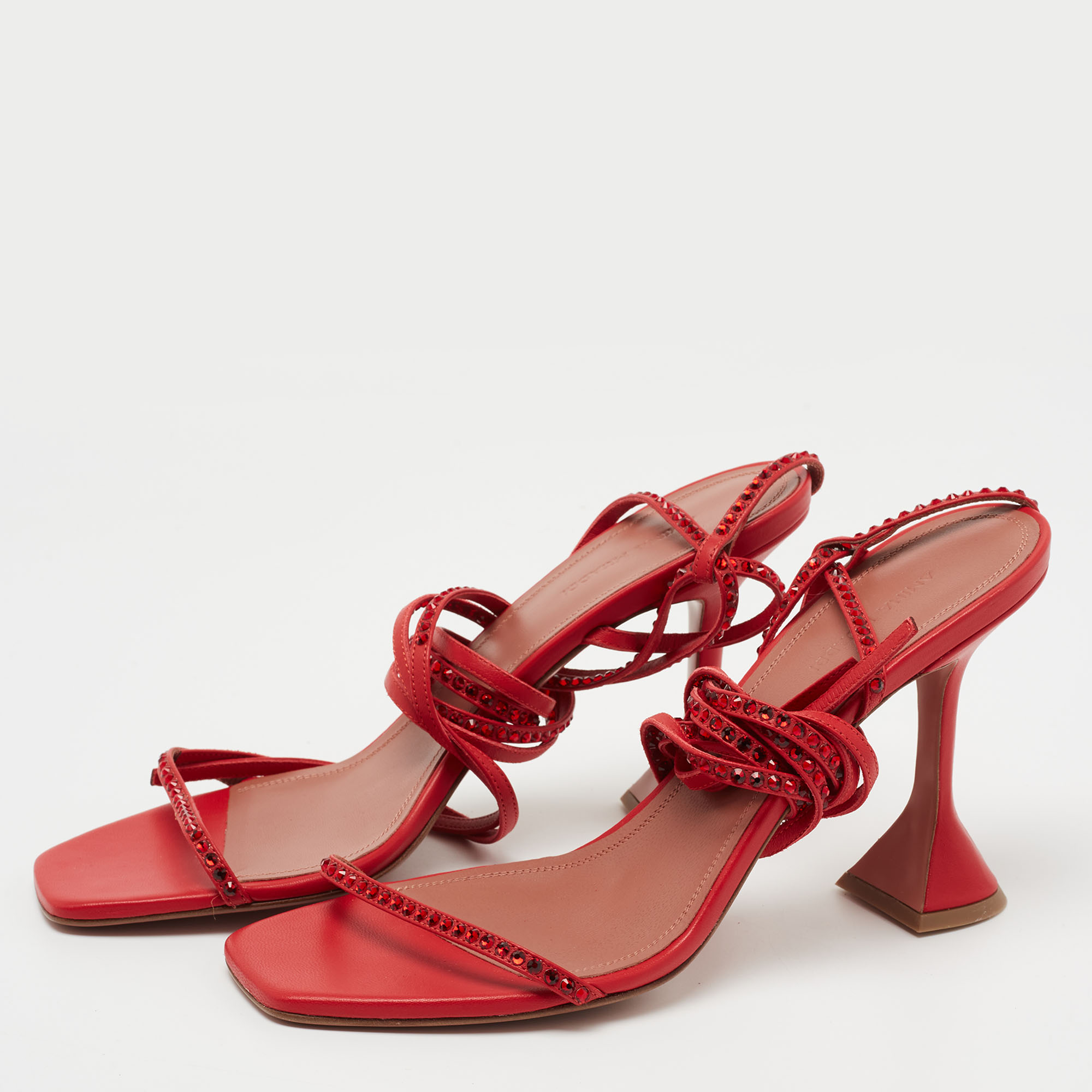 

Amina Muaddi Red Leather Vita Crystals Ankle Wrap Sandals Size