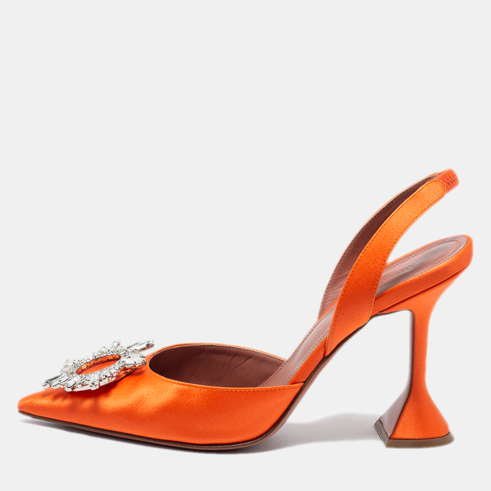 Pre Owned Amina Muaddi Orange Satin Begum Crystal-Embellished Slingback Sandals Size 39