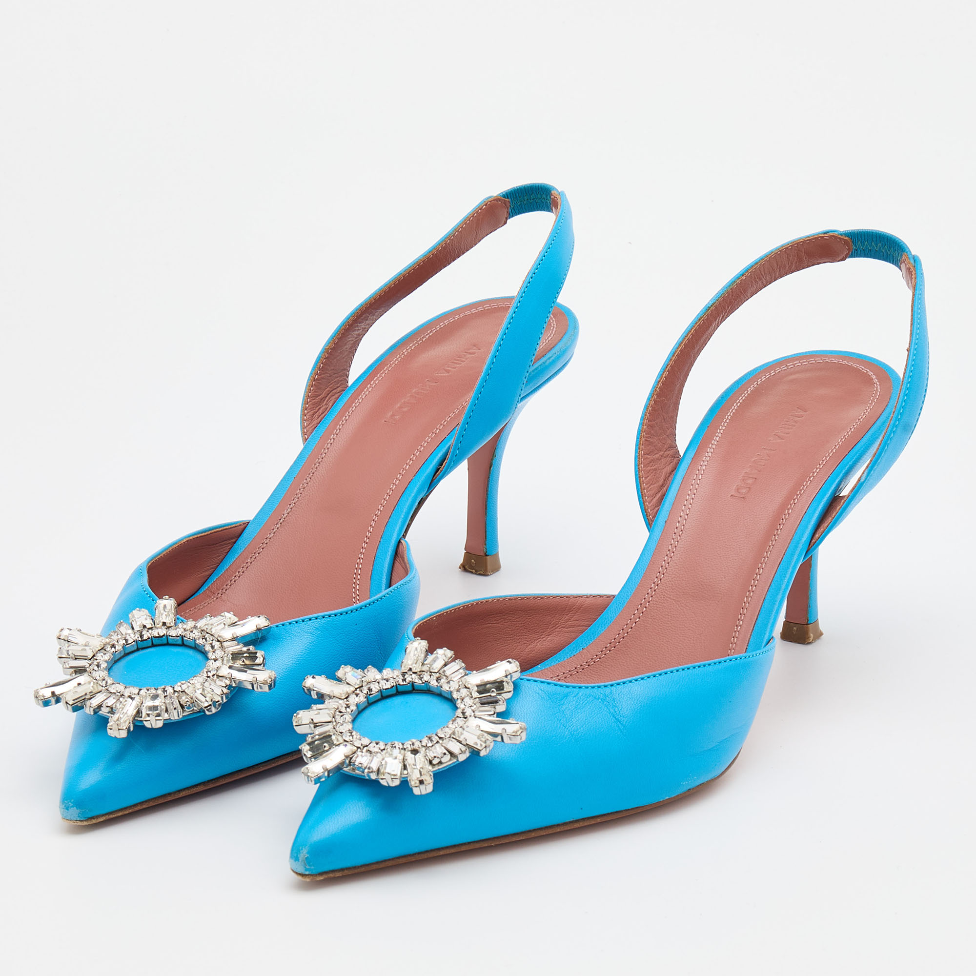 

Amina Muaddi Blue Leather Begum Slingback Pumps Size