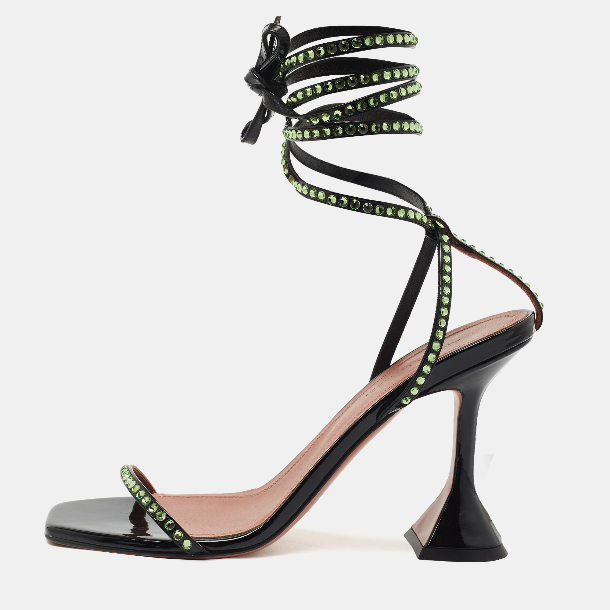 Black/Green Crystal Embellished Patent Leather Vita Ankle Tie Sandals Size 36