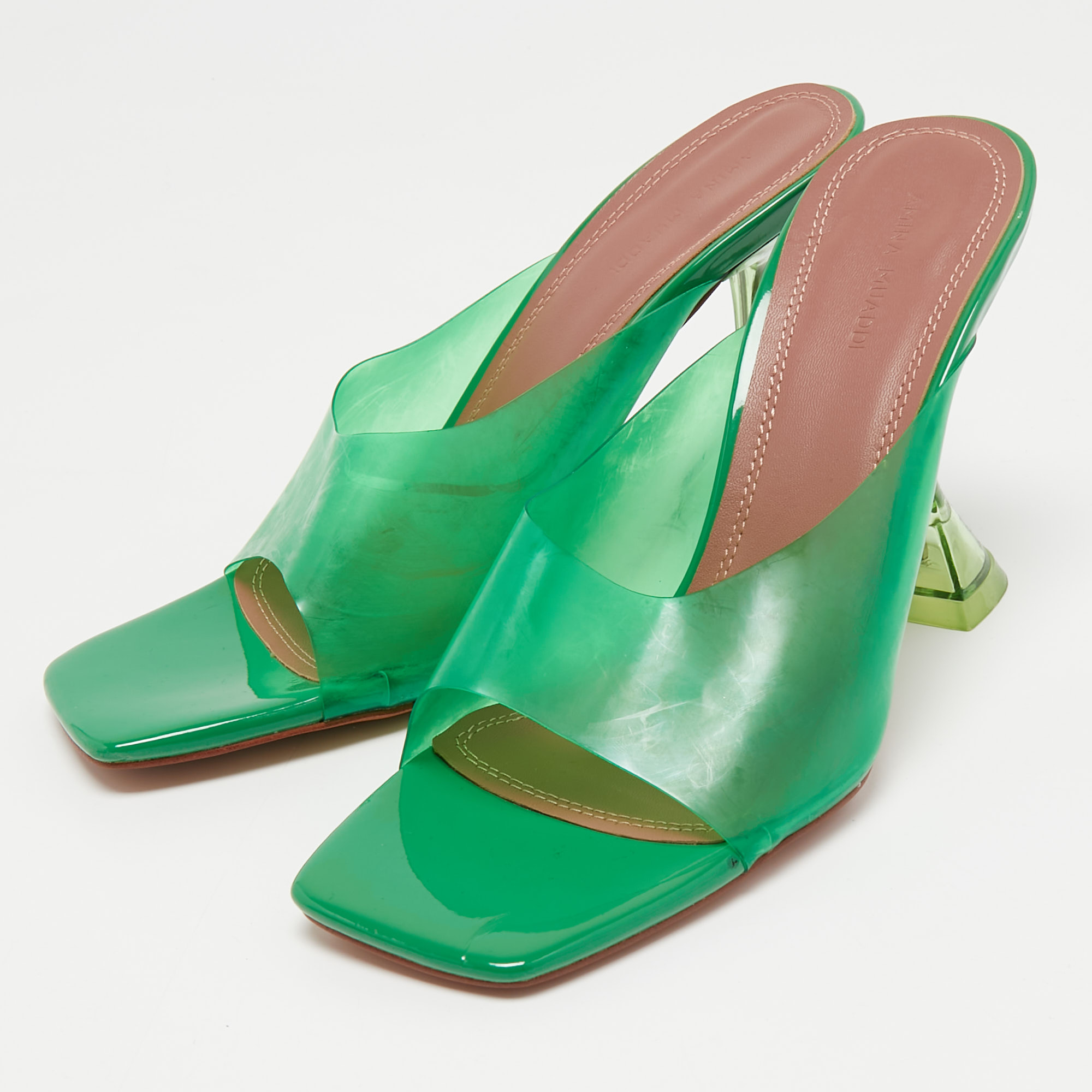 

Amina Muaddi Green PVC Lupita Slide Sandals Size