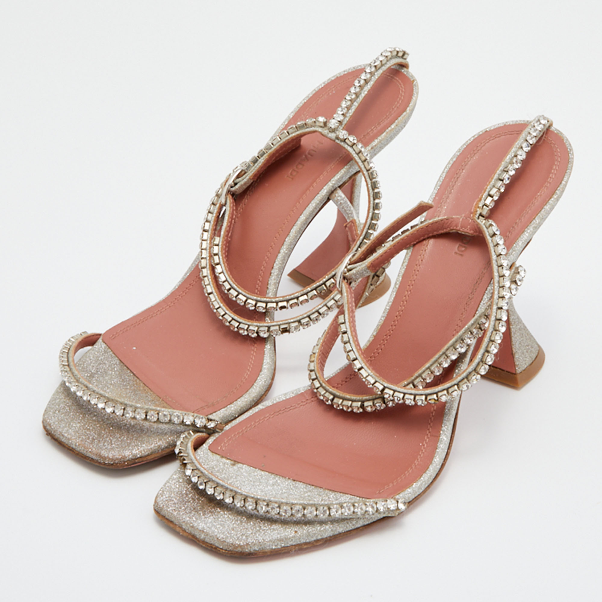 

Amina Muaddi Metallic Silver Leather Gilda Crystal Embellished Ankle Strap Sandals Size