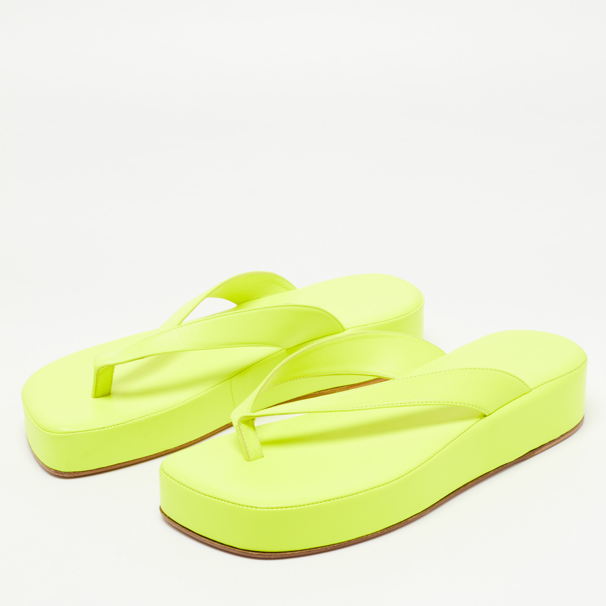 

Amina Muaddi Neon Yellow Leather Johana Platform Slides Size