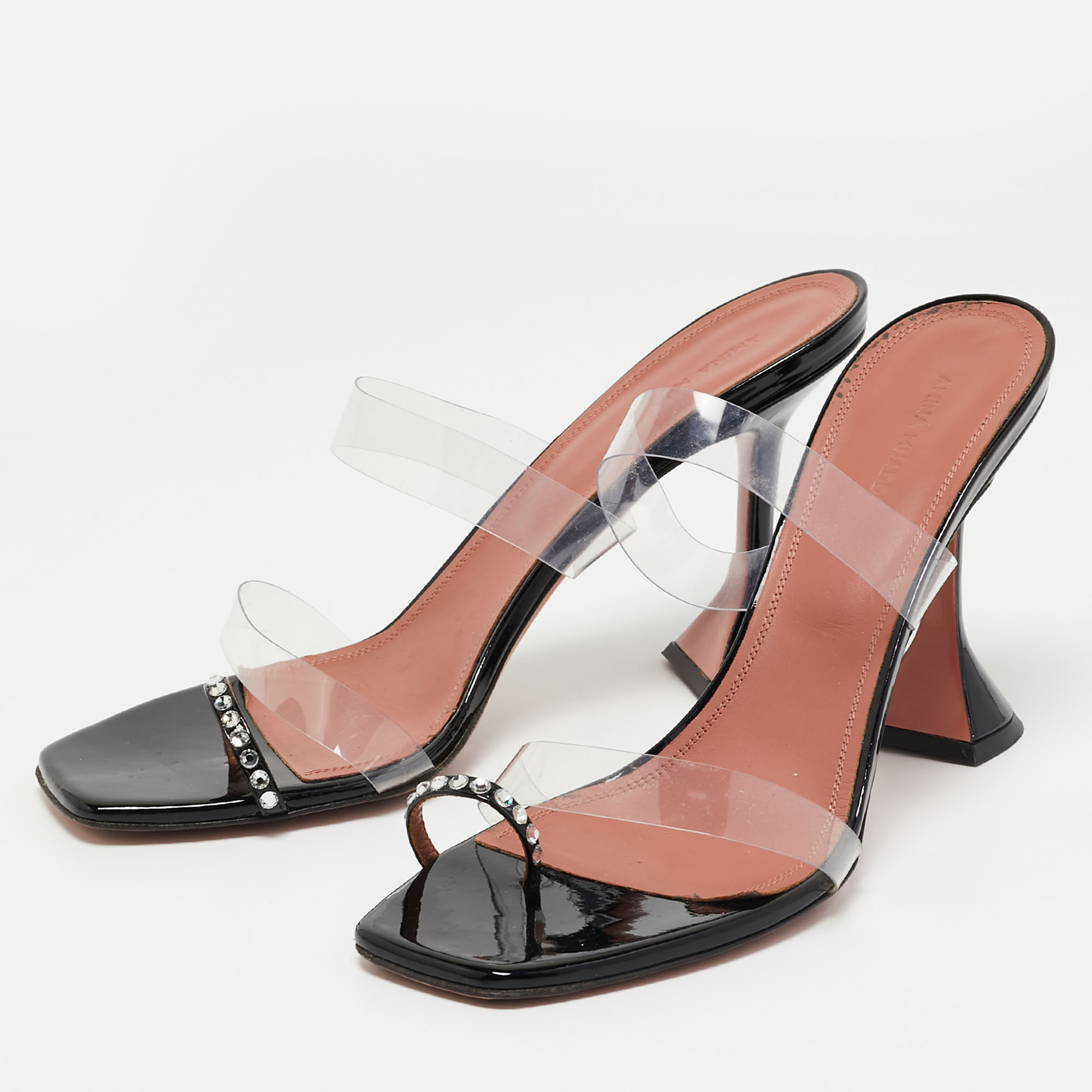 

Amina Muaddi Black/Transparent PVC and Patent Sami Sandals Size