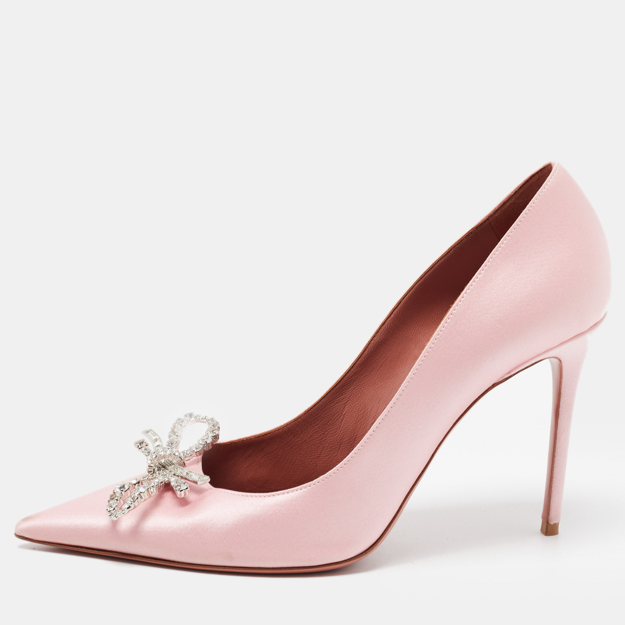 Pre Owned Amina Muaddi Pink Satin Crystal Embellished Rosie Pumps Size 40