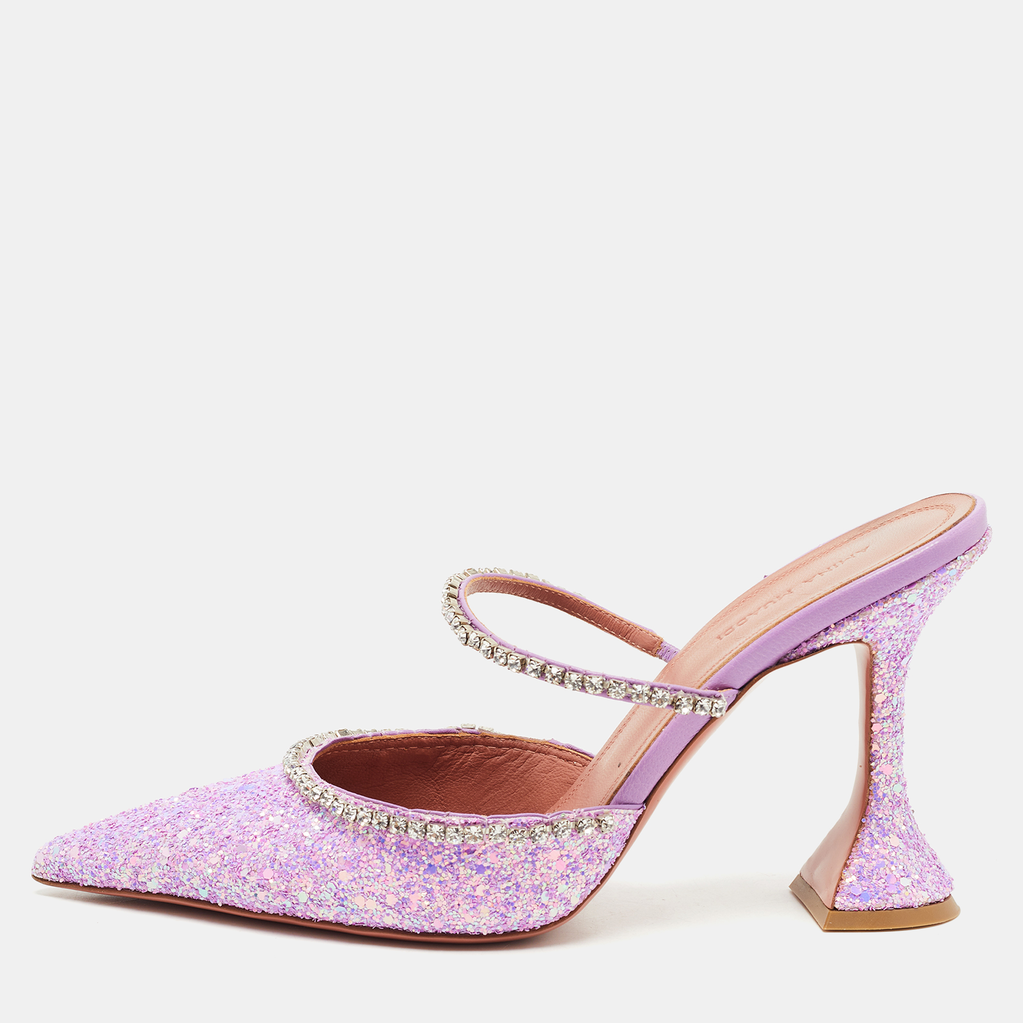 Pre-owned Amina Muaddi Purple Coarse Glitter Gilda Mules Size 39