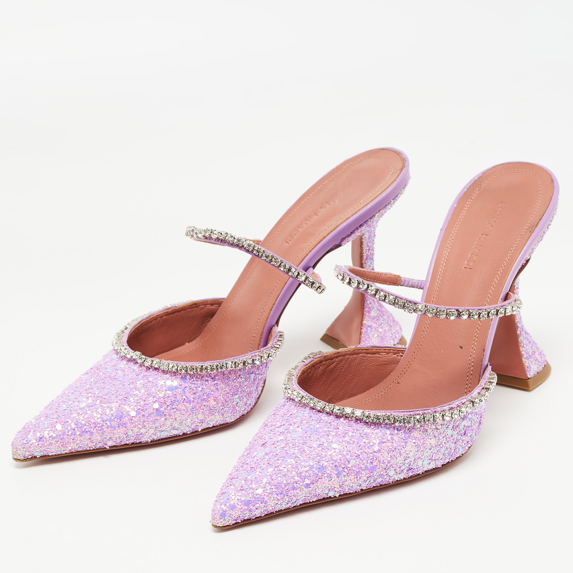 

Amina Muaddi Purple Coarse Glitter Gilda Mules Size