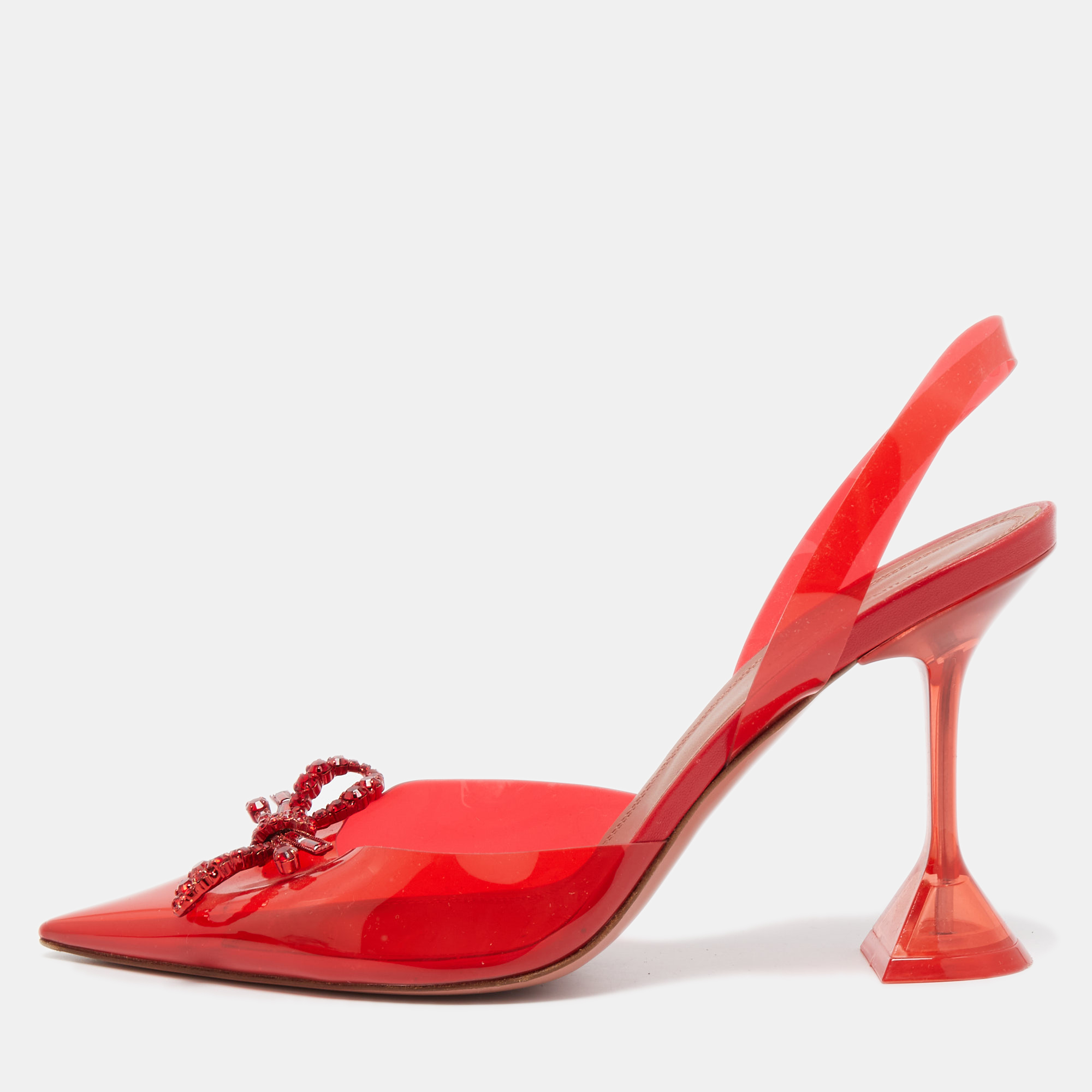 Amina Muaddi Red Rosie Crystal Embellished PVC Pointed Toe Slingback ...