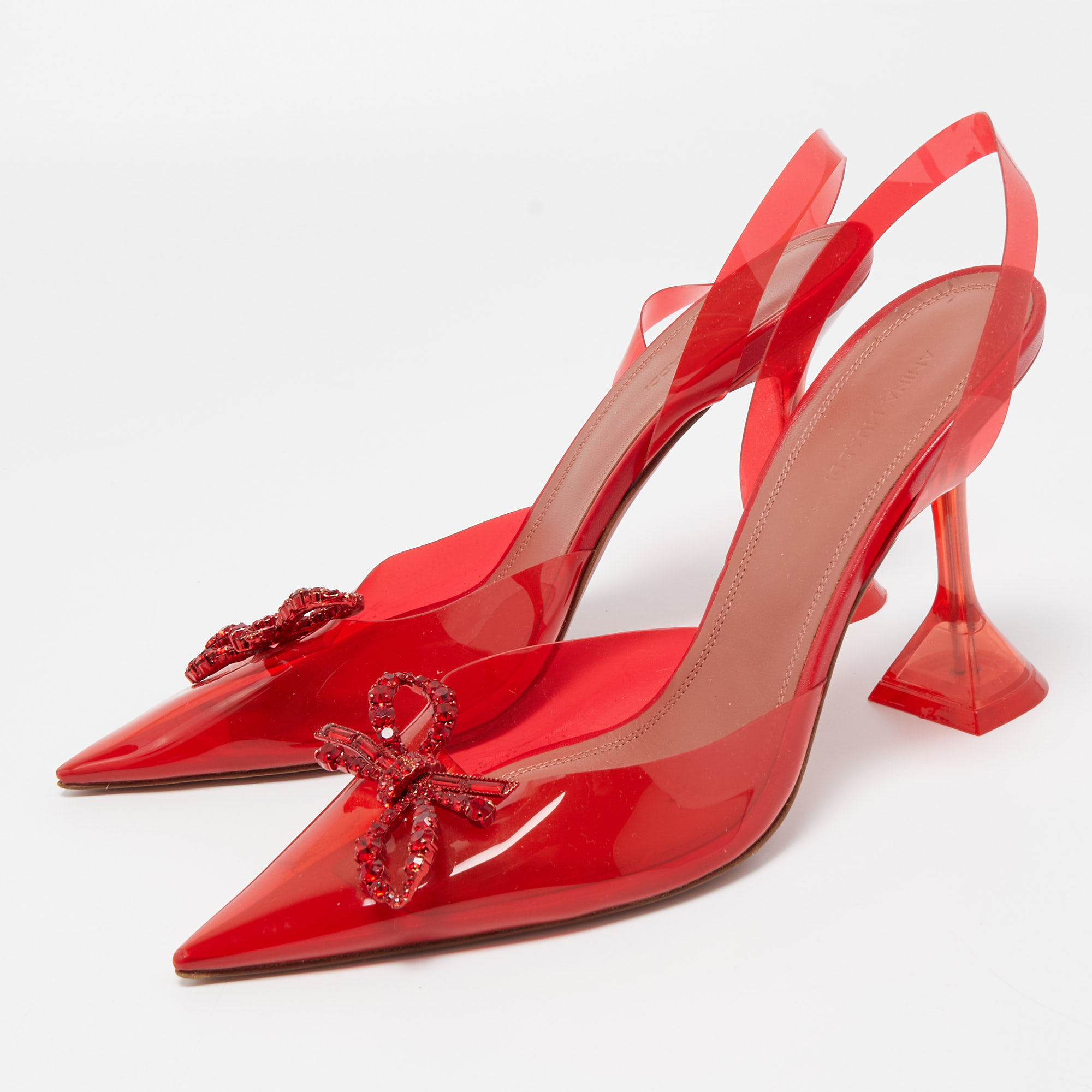 

Amina Muaddi Red Rosie Crystal Embellished PVC Pointed Toe Slingback Pumps Size