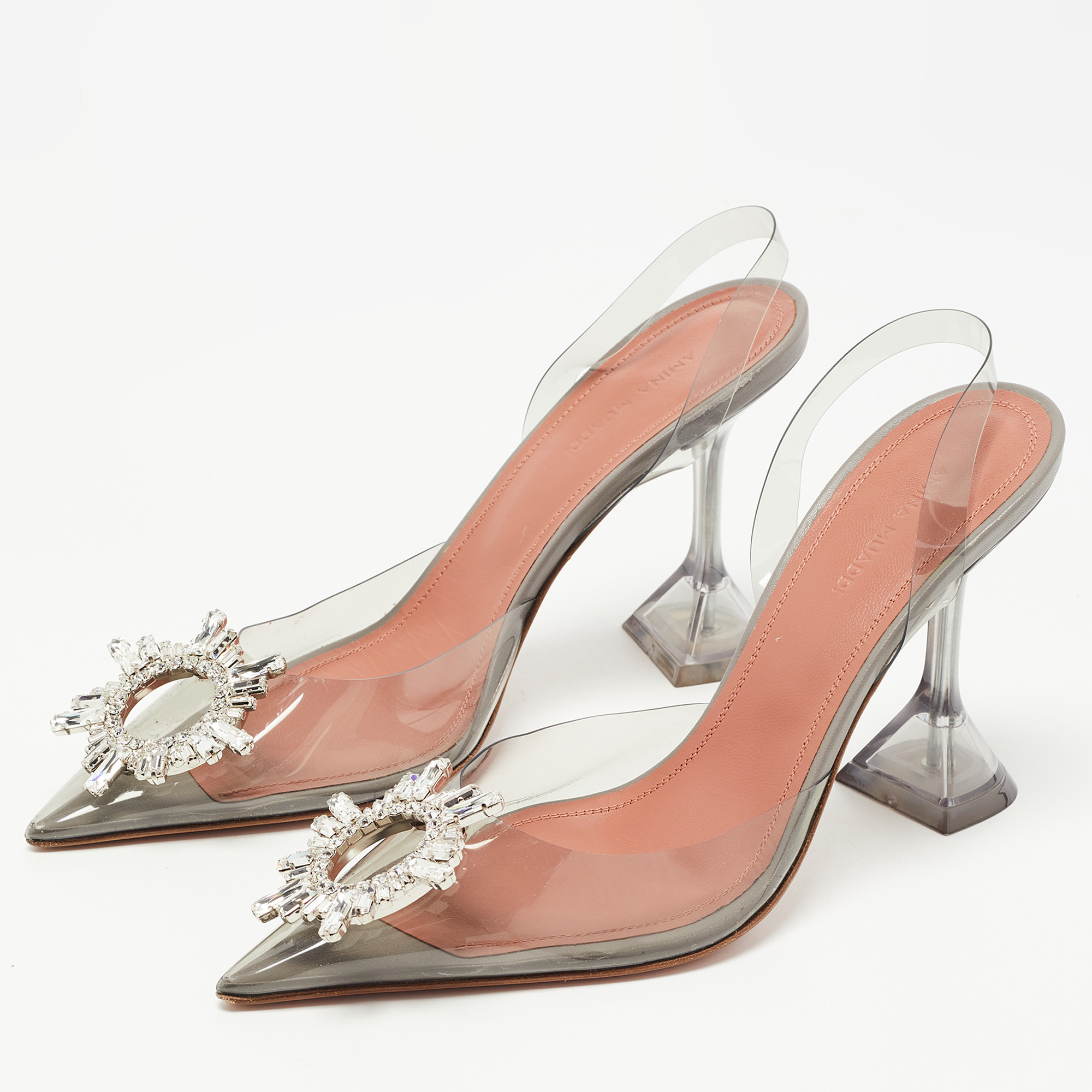 

Amina Muaddi Grey PVC Begum Slingback Pumps Size