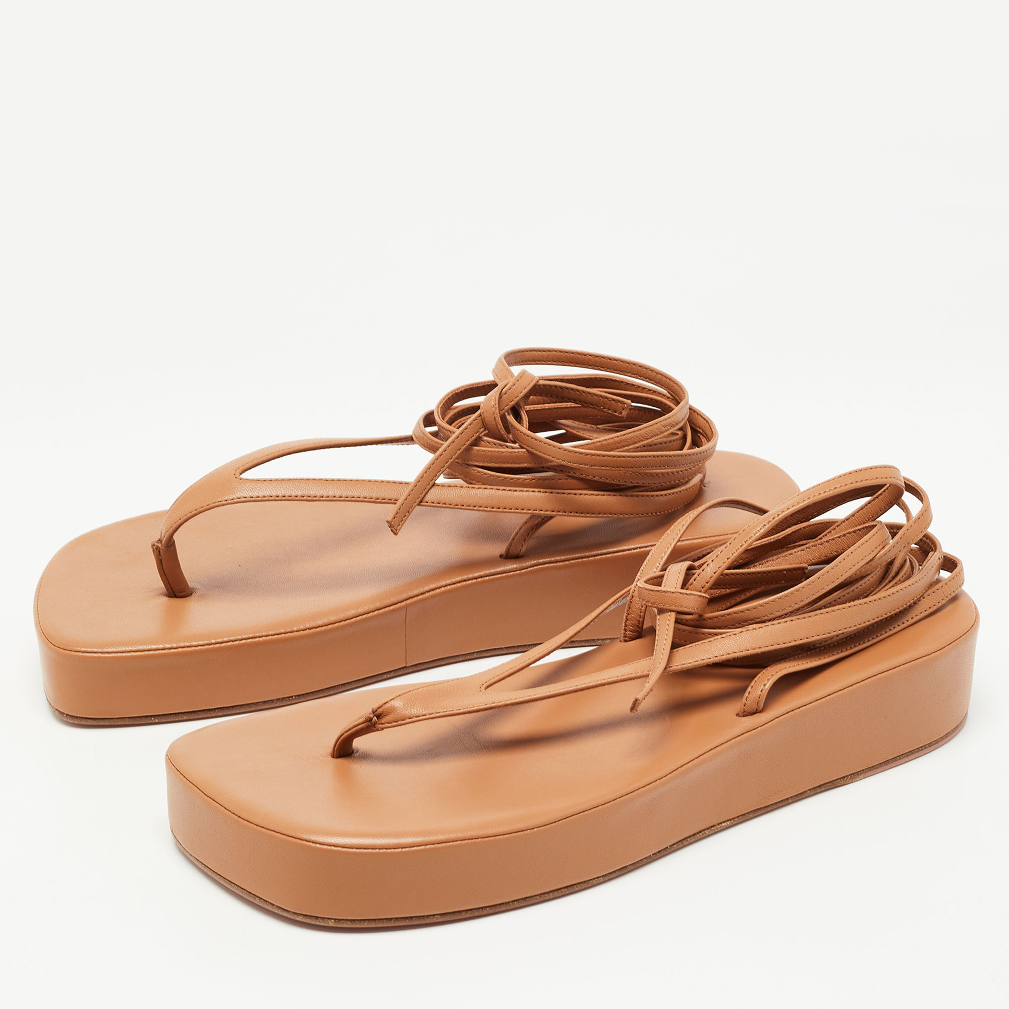

Amina Muaddi Brown Leather Jamie Platform Ankle Wrap Sandals Size
