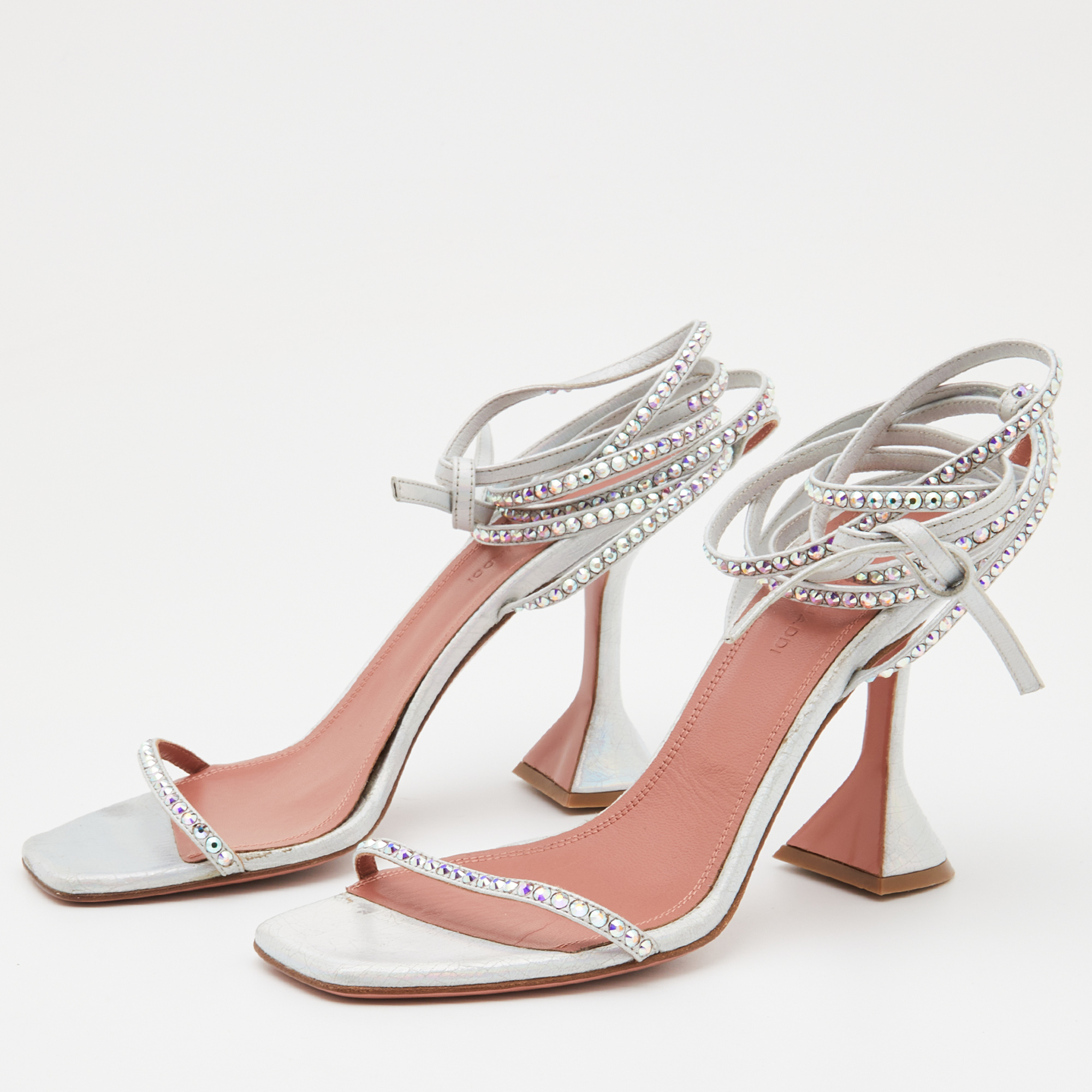 

Amina Muaddi Iridescent Silver Leather Vita Wrap Sandals Size