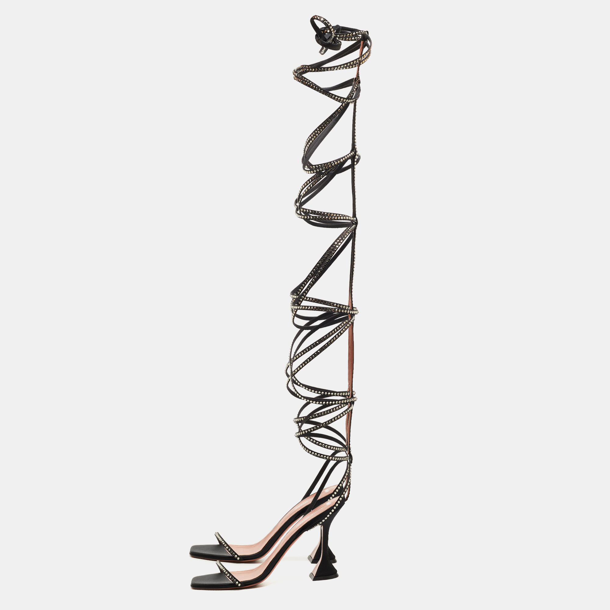 

Amina Muaddi x AWGE LSD Black Satin Crystal Embellished Gladiator Sandals Size