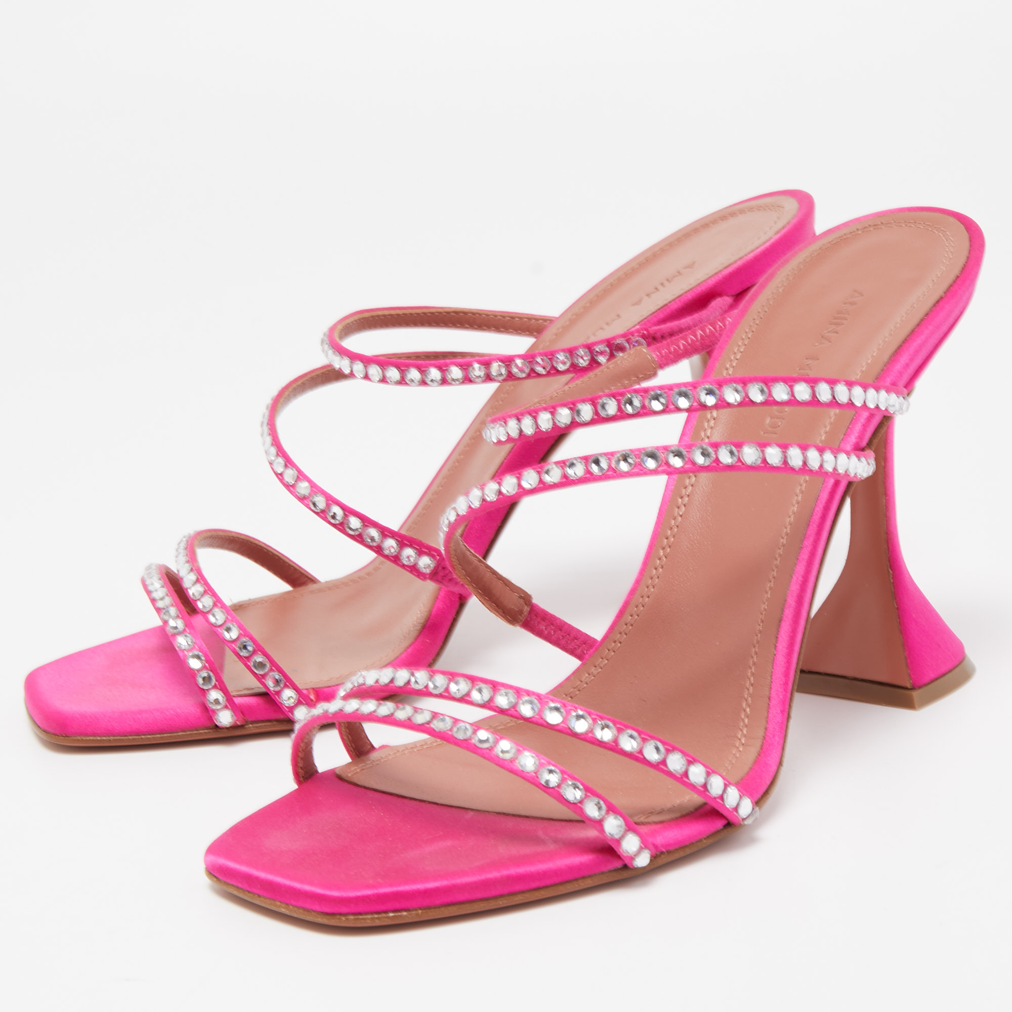 

Amina Muaddi Pink Satin Gilda Crystal Embellished Sandals Size