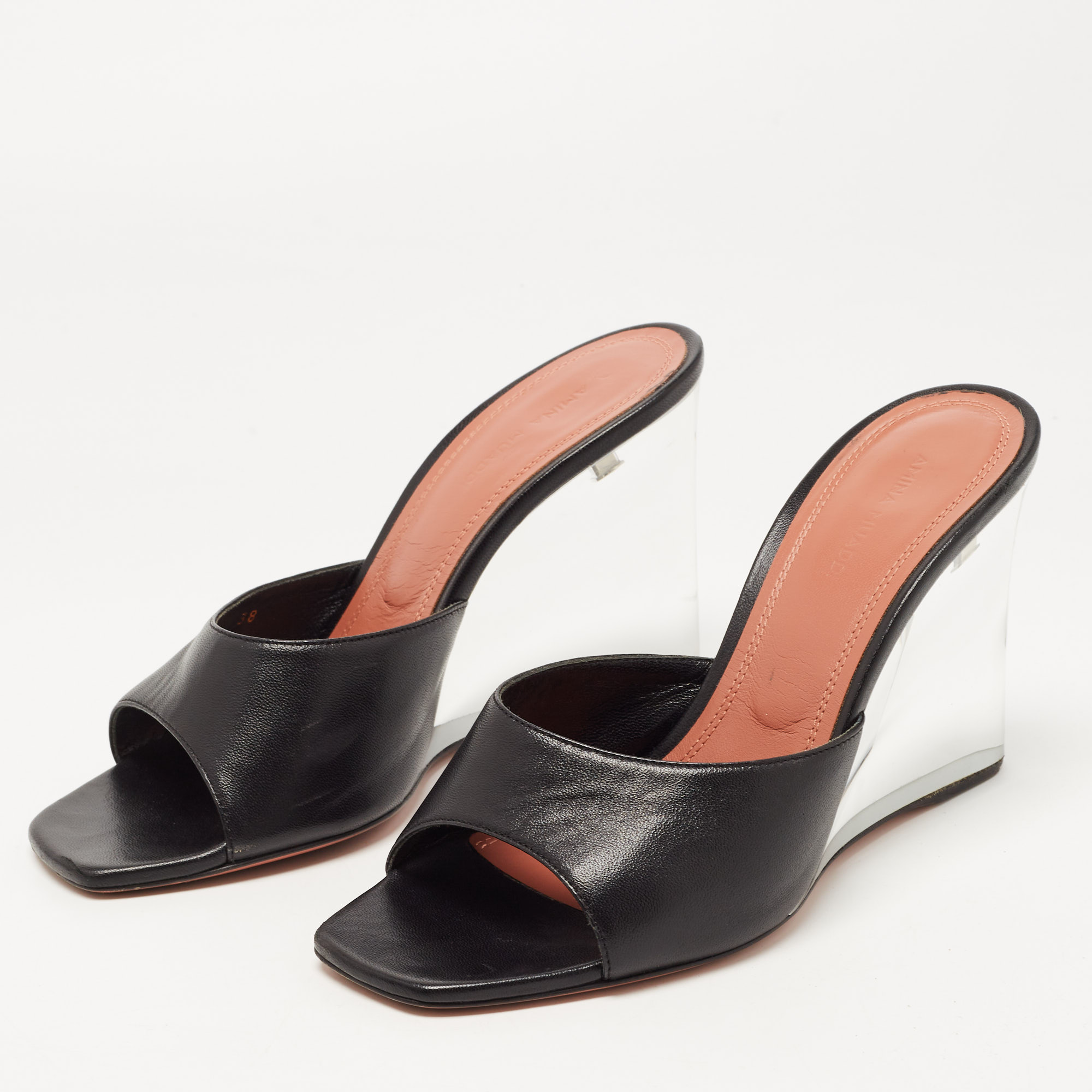 

Amina Muaddi Black Leather Lupita Glass Wedge Sandals Size