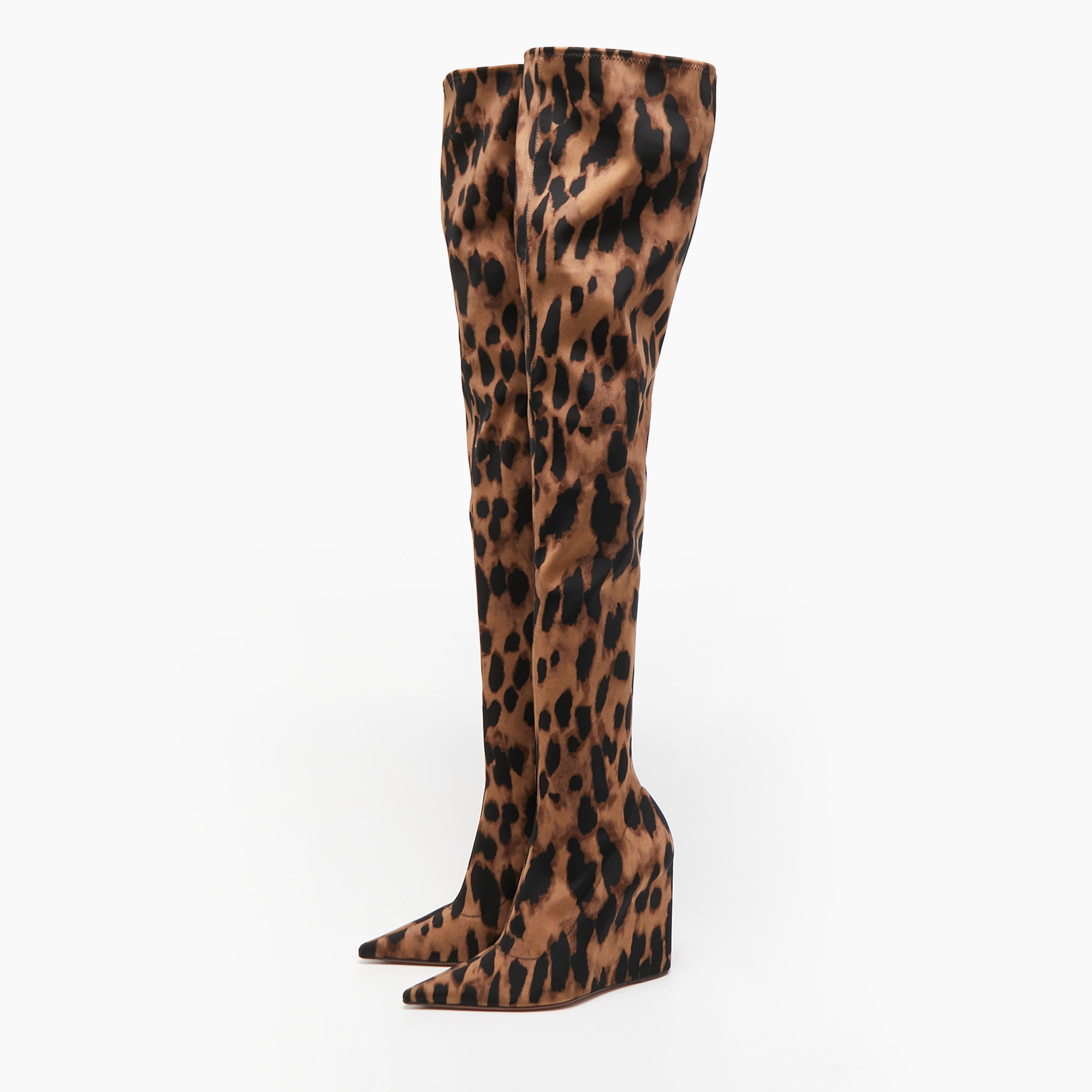 

Amina Muaddi Brown/Black Fabric Leopard Print Wedge Over-The-Knee Boots Size