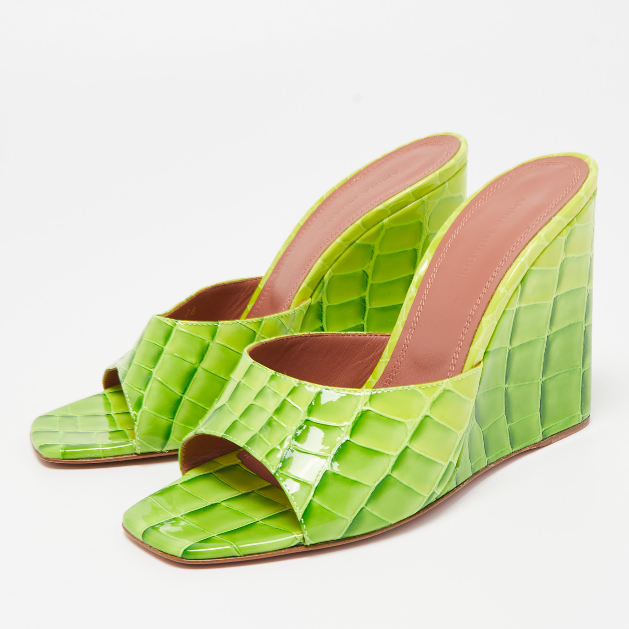 

Amina Muaddi Green Croc Patent Embossed lupita Wedge Sandals Size