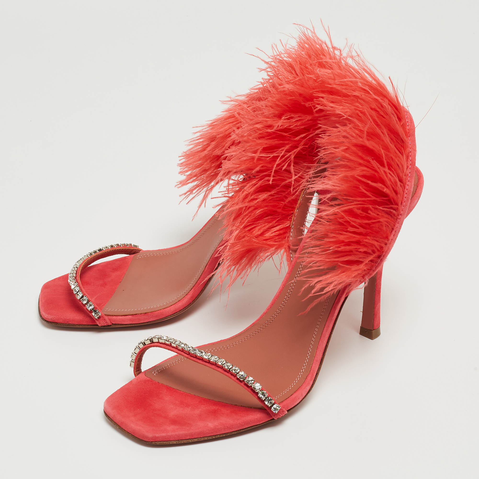 

Amina Muaddi Pink Satin and Feather Crystal Embellished Adwoa Slingback Sandals Size