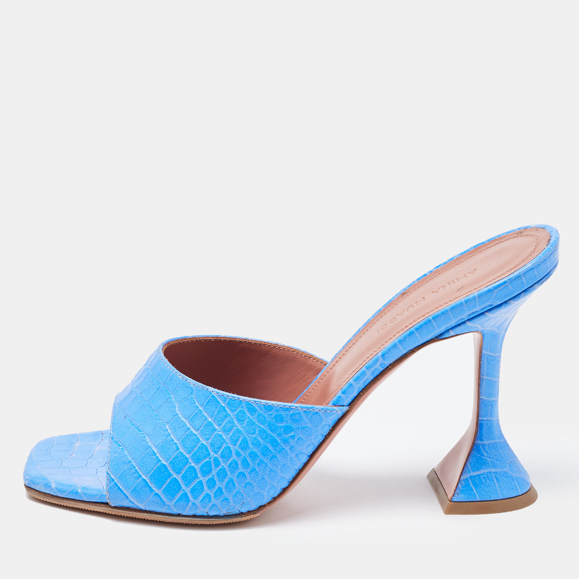 Pre Owned Amina Muaddi Blue Croc Embossed Lupita Slides Sandals Size 38