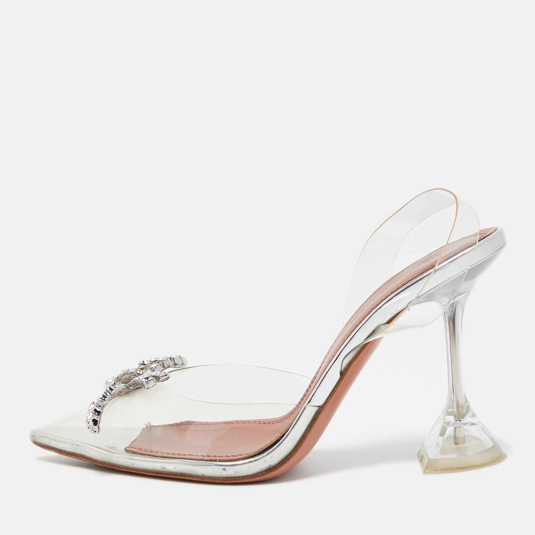 Pre Owned Amina Muaddi Clear/Silver PVC Rosie Slingback Pumps Size 36