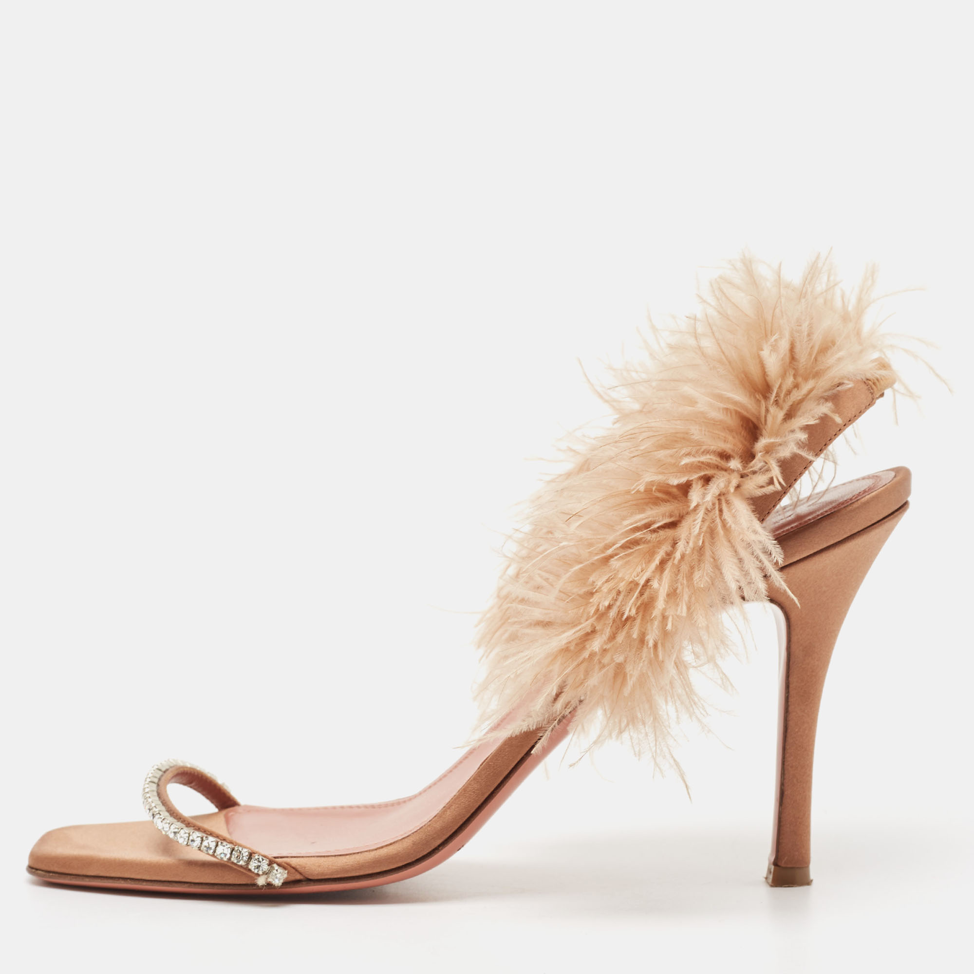 Pre-owned Amina Muaddi Brown Satin And Fur Adwoa Ankle Strap Sandals Size 42