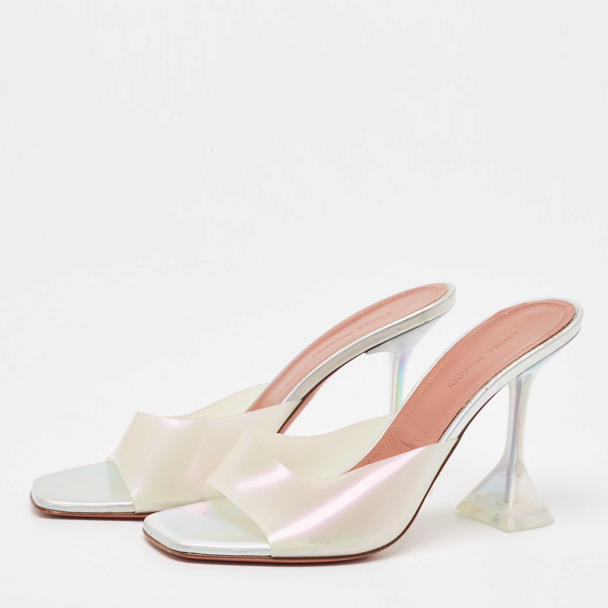 

Amina Muaddi Transparent/Silver PVC Lupita Sandals Size