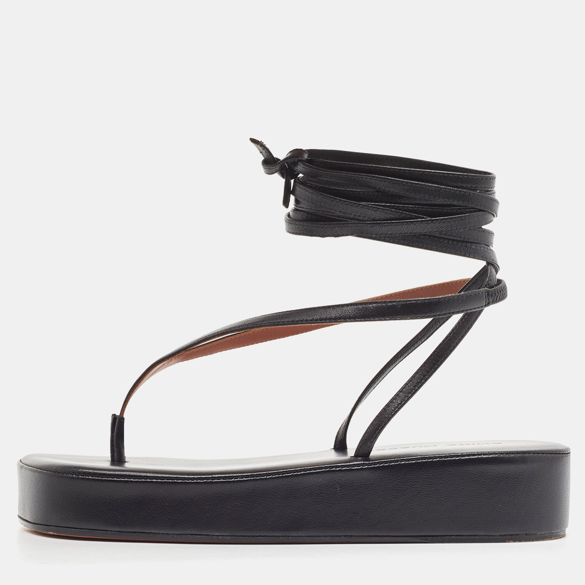 Pre-owned Amina Muaddi Black Leather Jamie Platform Ankle Wrap Sandals Size 37