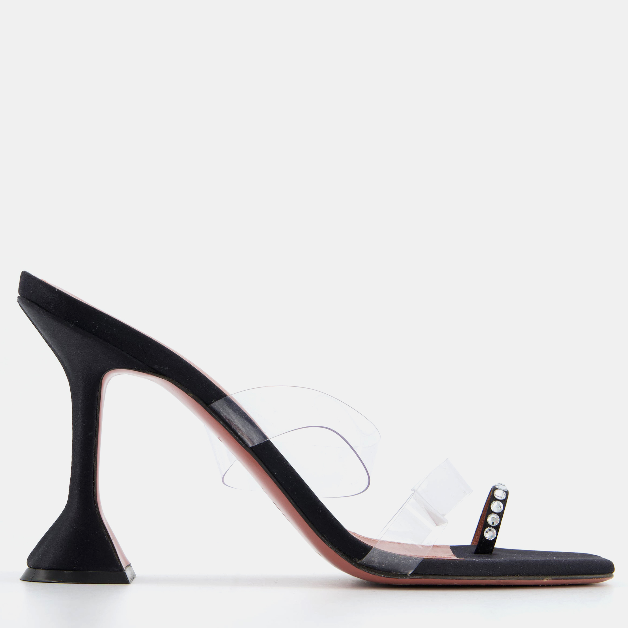 

Amina Muaddi Black Satin Heels with Perspex Strap and Crystal Detail Size