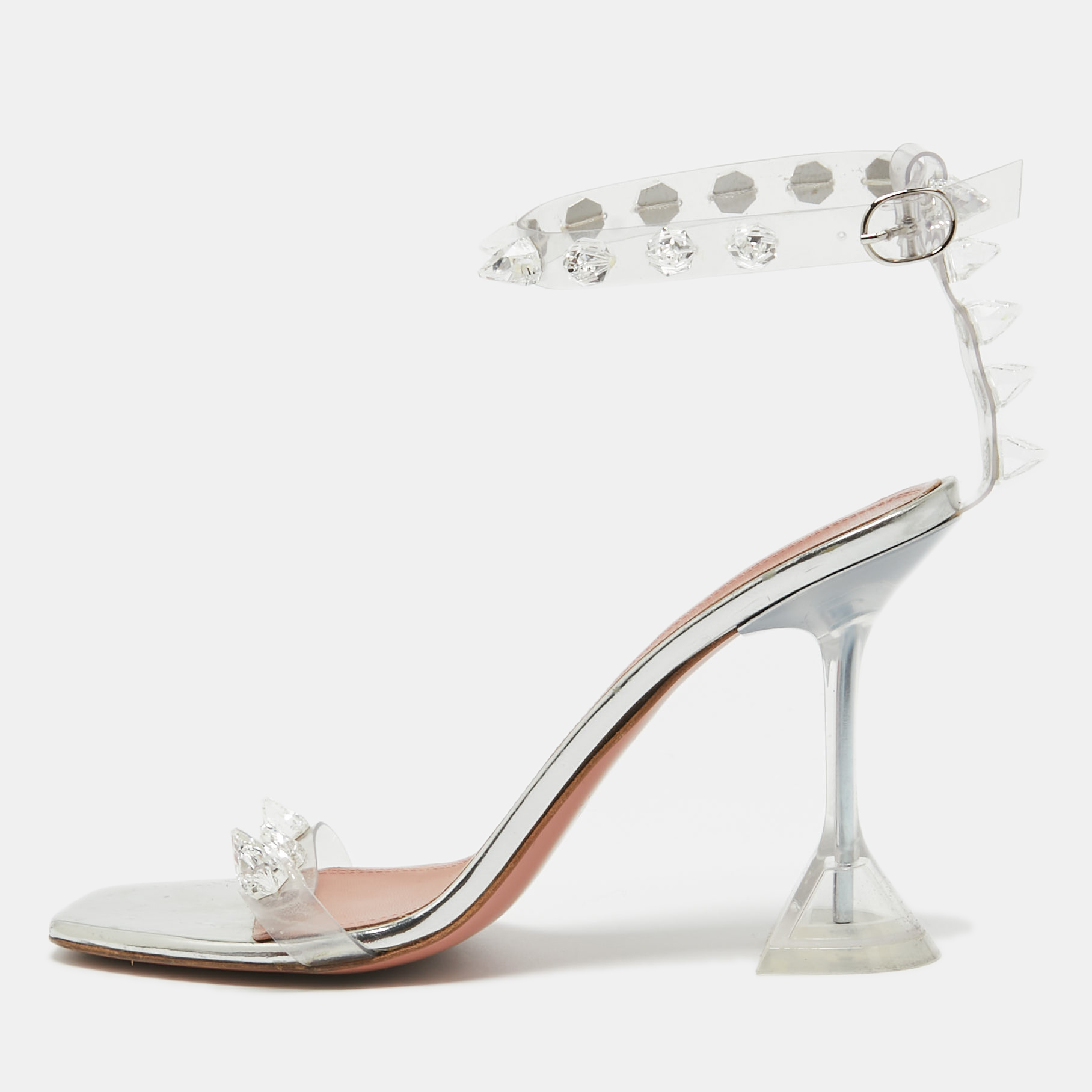 

Amina Muaddi Silver PVC and Patent Leather Julia Glass Sandals Size