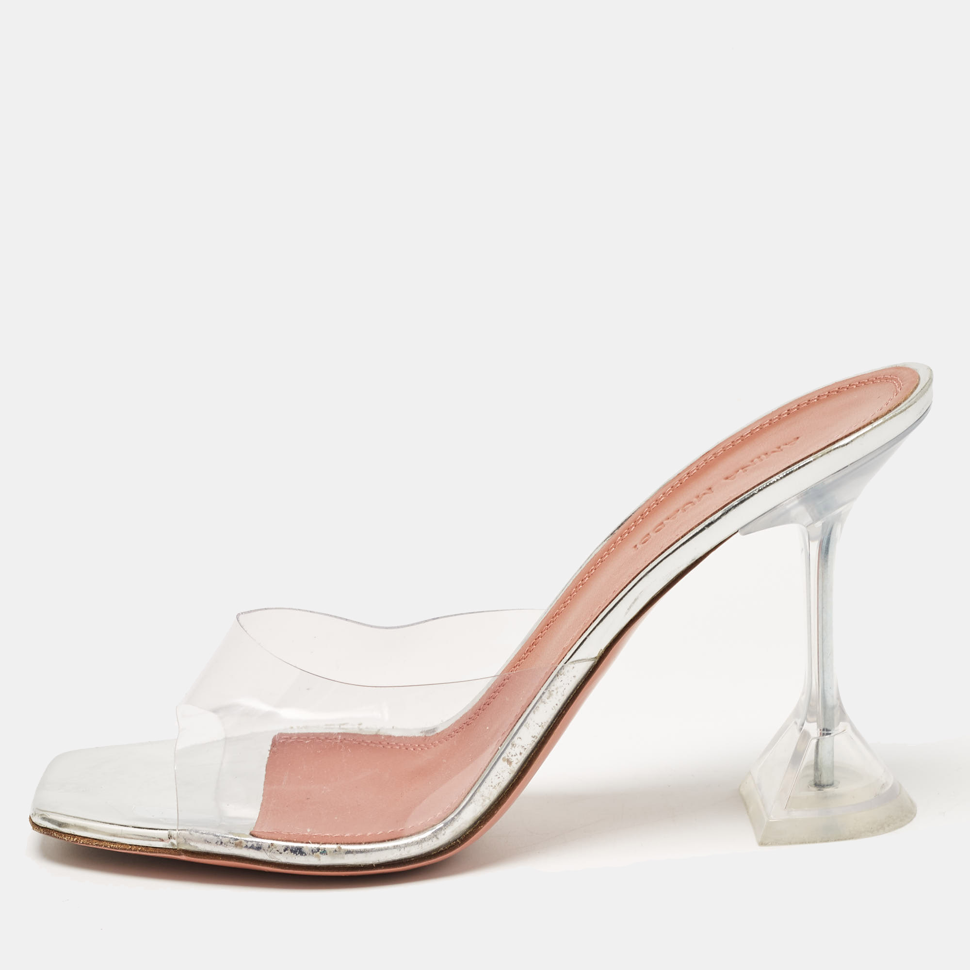 

Amina Muaddi Silver PVC and Patent Leather Lupita Glass Sandals Size