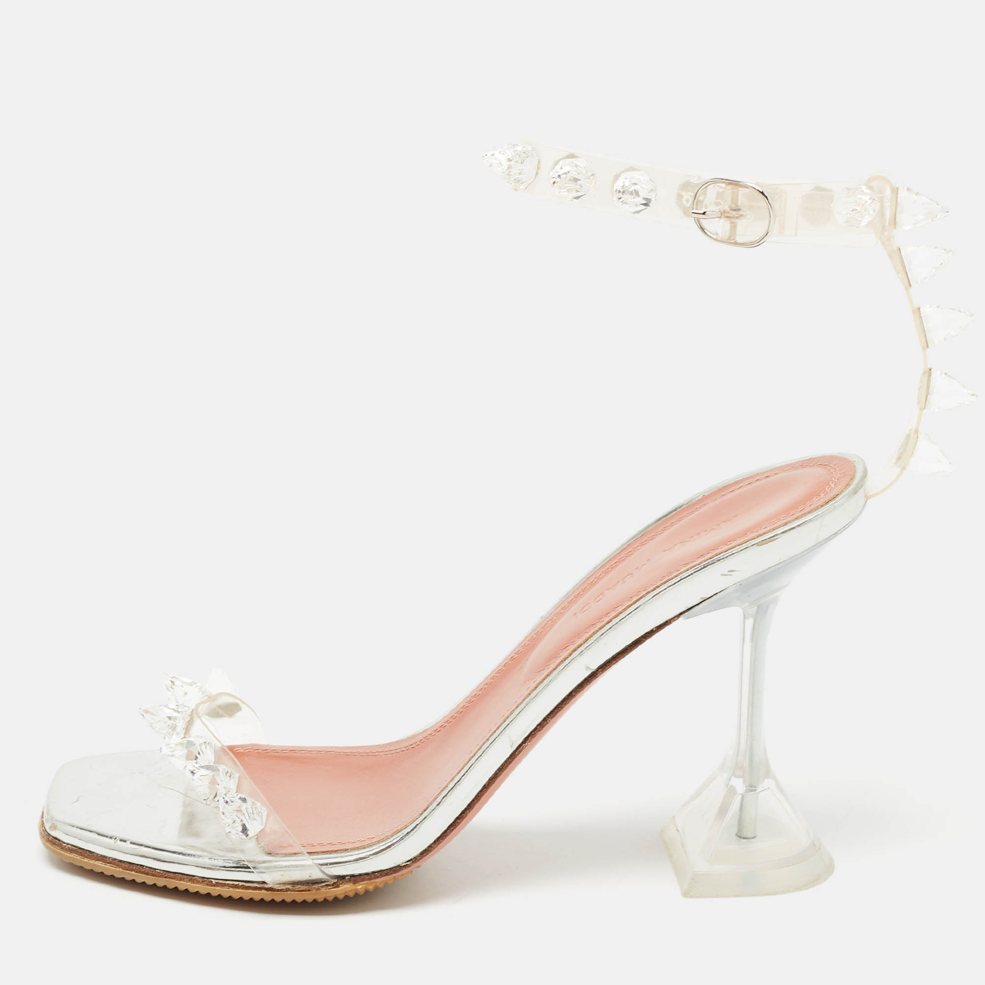

Amina Muaddi Transparent PVC Julia Crystal Embellished Ankle Strap Sandals Size