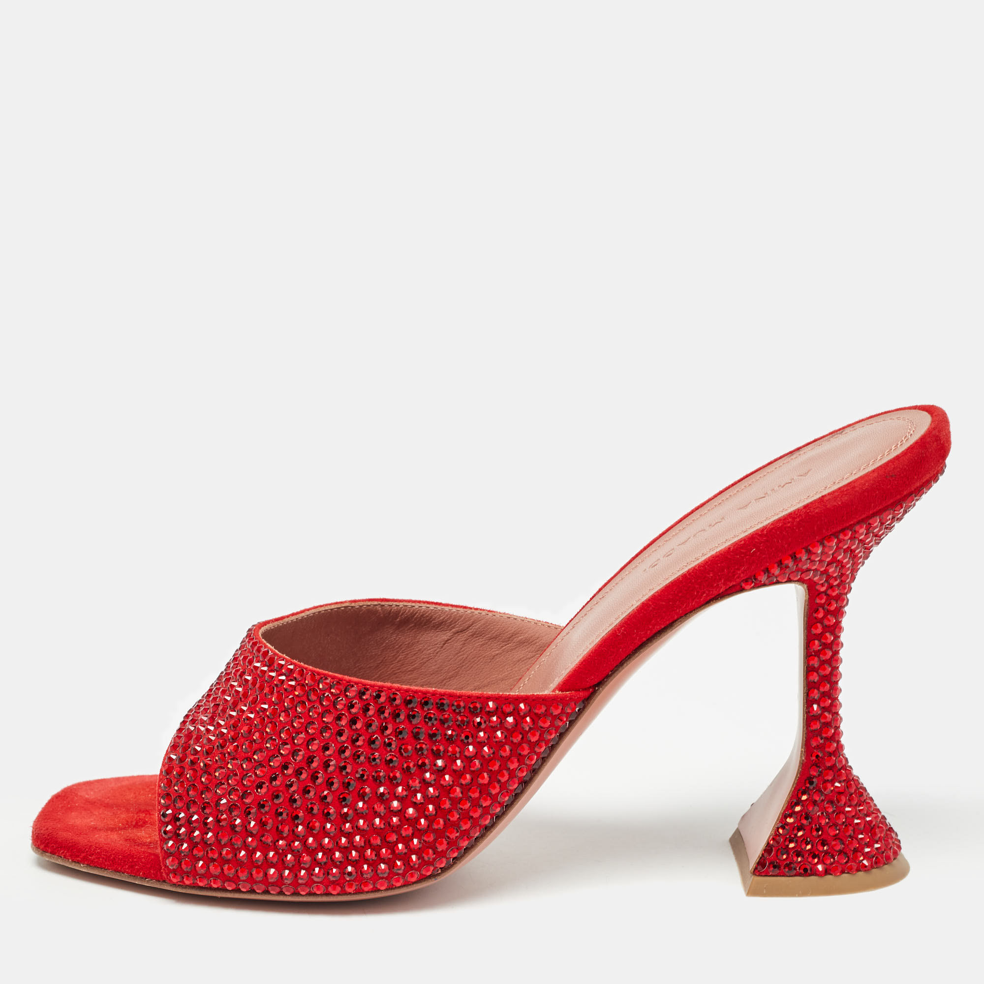 

Amina Muaddi Red Crystal Embellished Suede Lupita Sandals Size