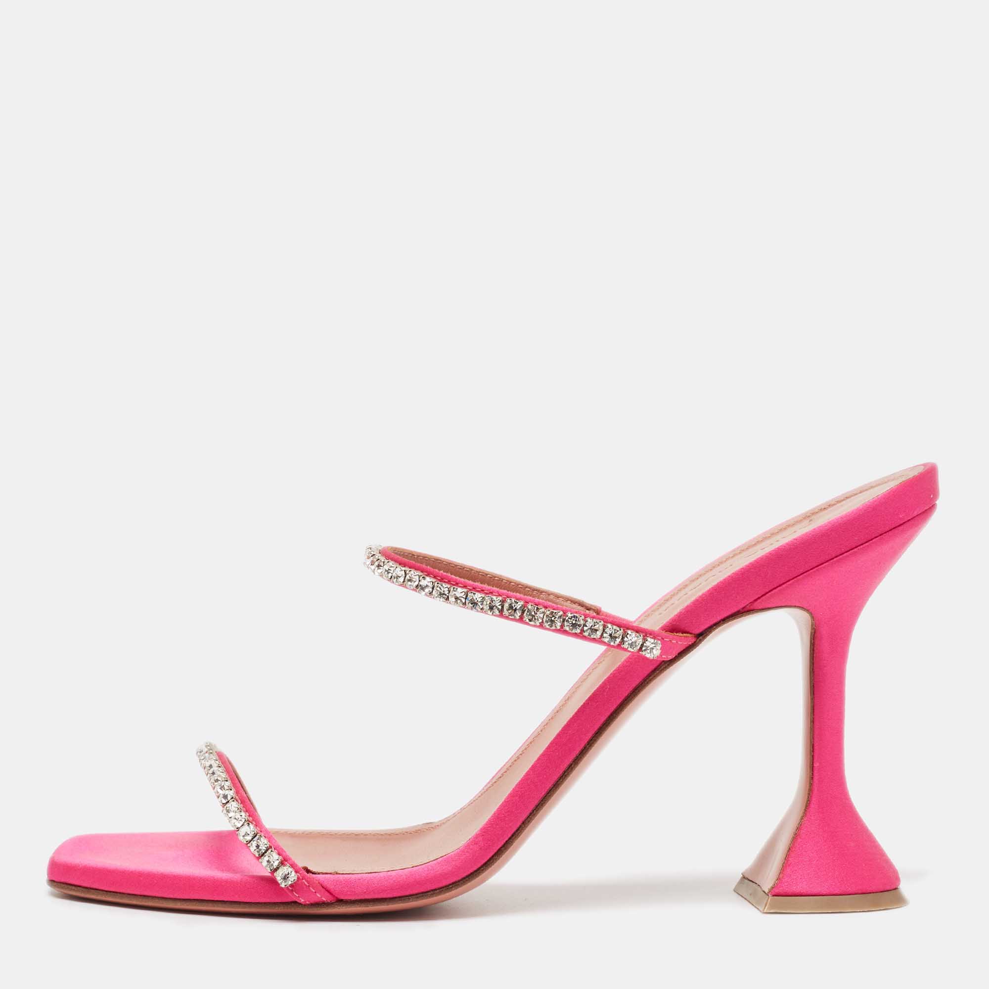 

Amina Muaddi Pink Satin Crystal Embellished Gilda Sandals Size