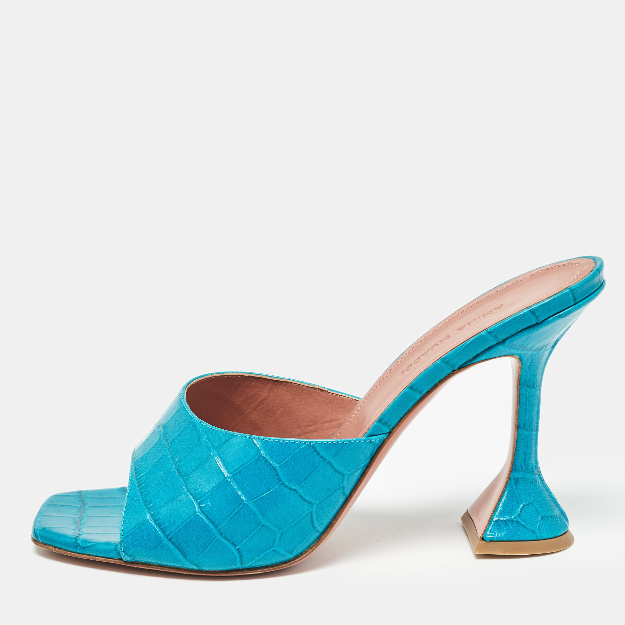 Pre-owned Amina Muaddi Teal Blue Croc Embossed Leather Lupita Slide Sandals Size 39.5