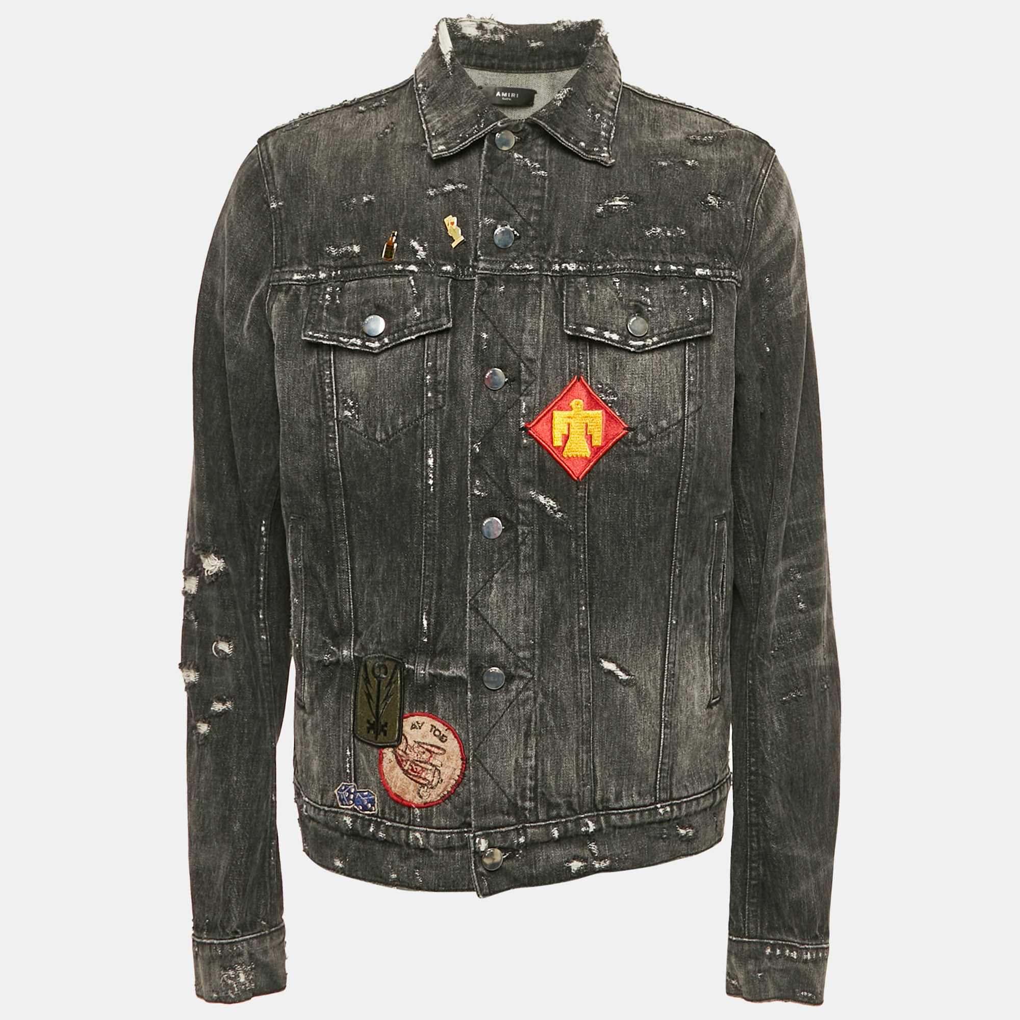 

Amiri Black Distressed Denim Applique Detail Jacket XL