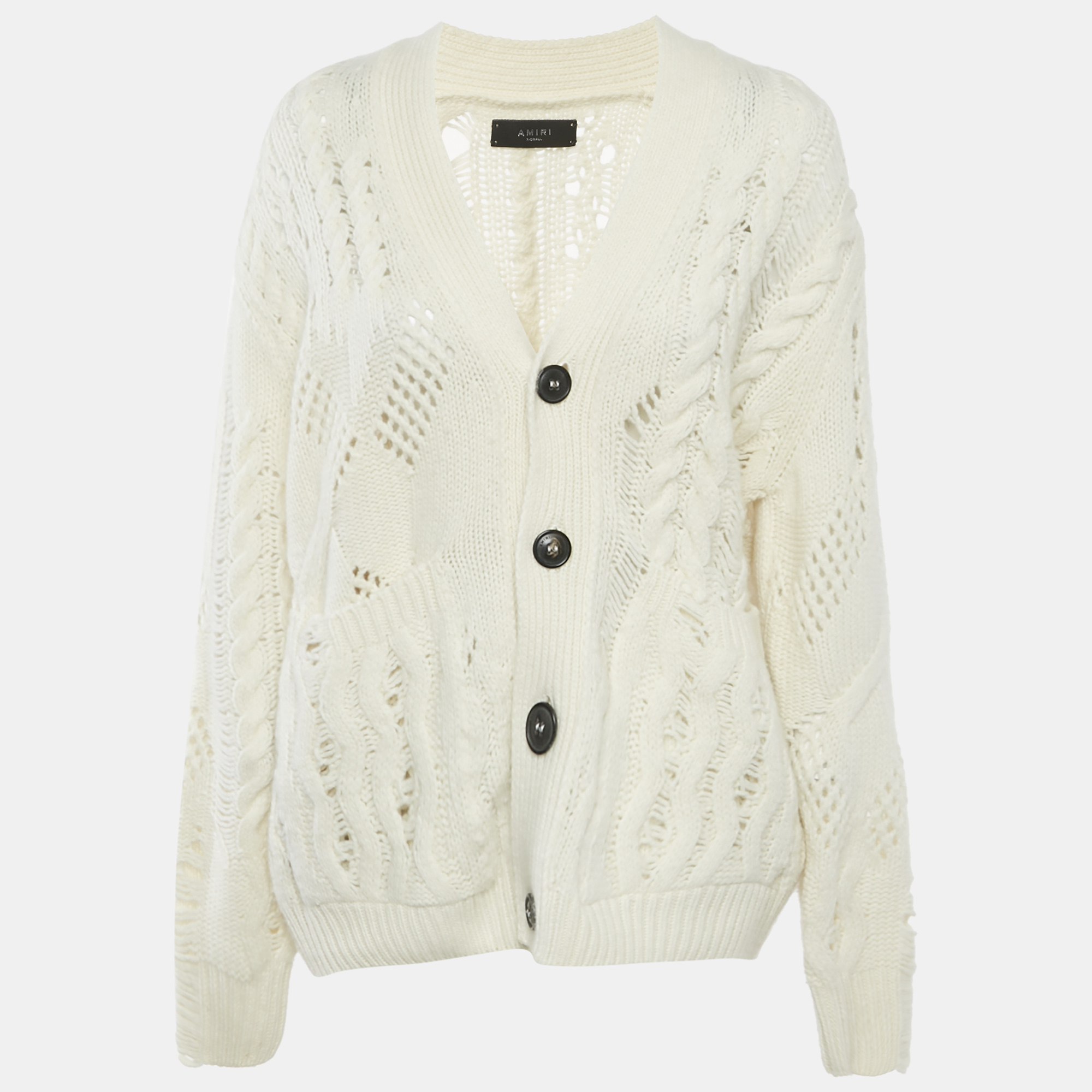 

Amiri Off-White Wool and Cashmere Cable Knit Button Front Cardigan XS