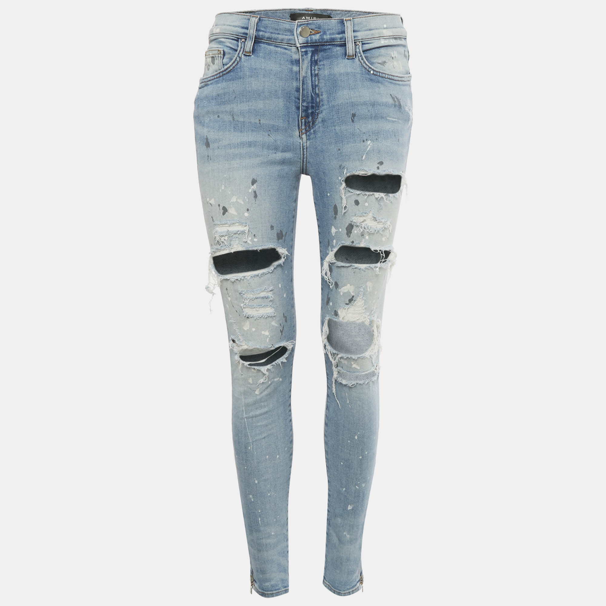 Pre-owned Amiri Blue Paint Splatter Distressed Denim Skinny Fit Jeans M Waist 29"
