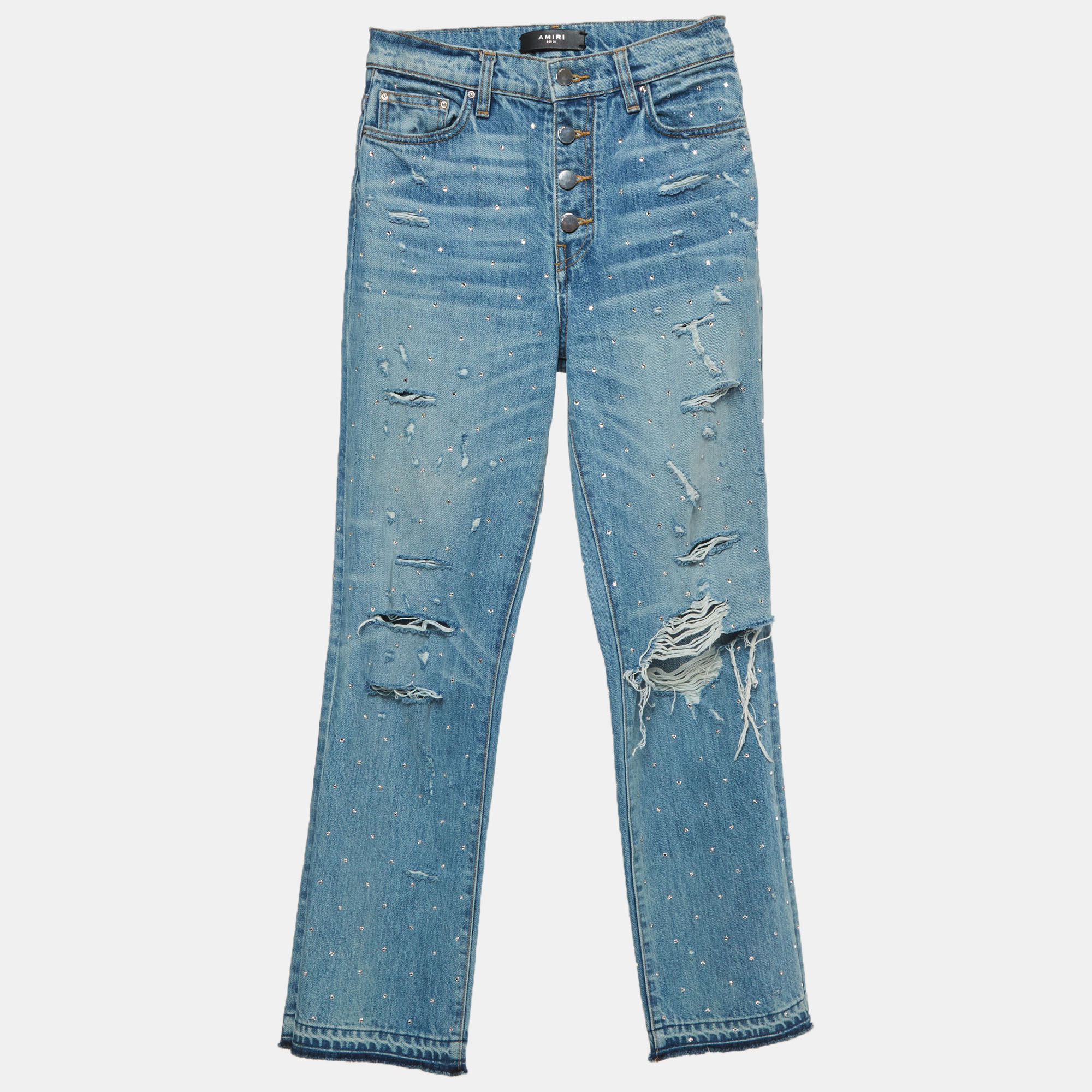 

Amiri Blue Ripped Denim Rhinestone Jeans S/Waist 26"