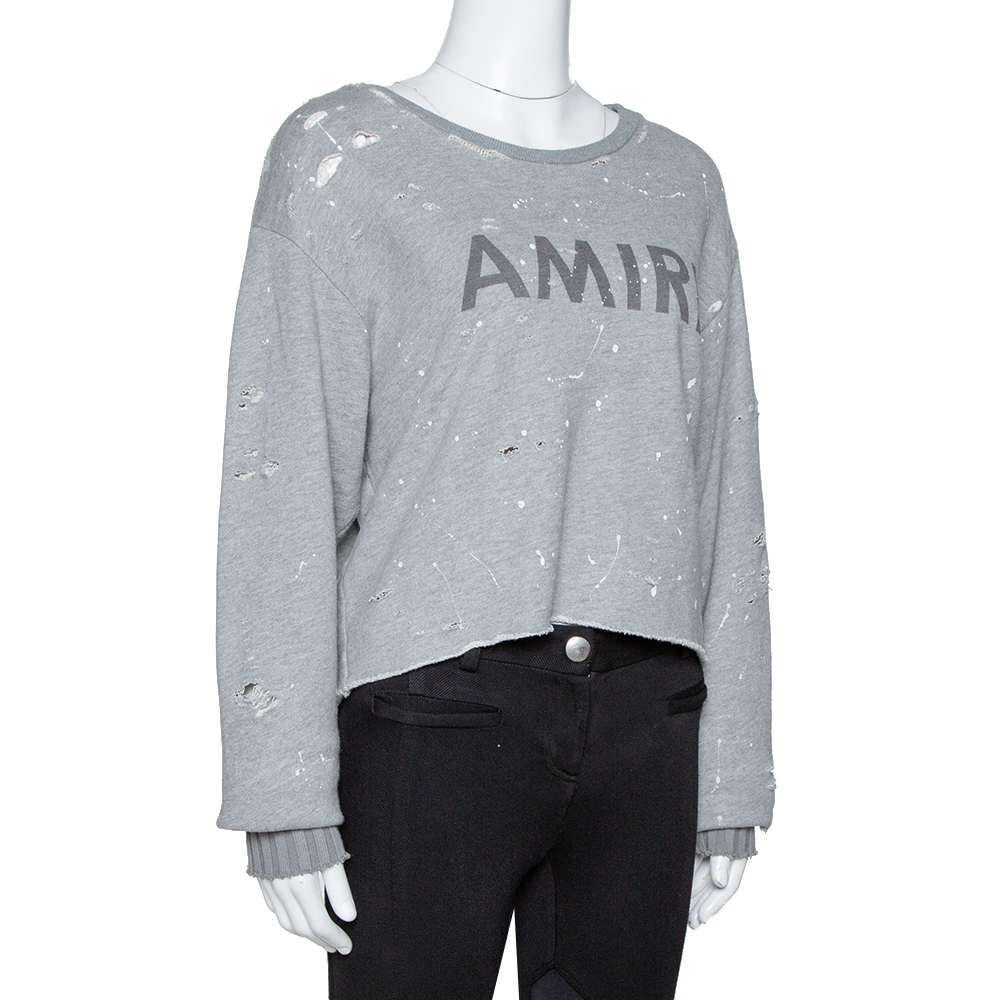 

Amiri Grey Cotton Paint Splattered Distressed Sweatshirt